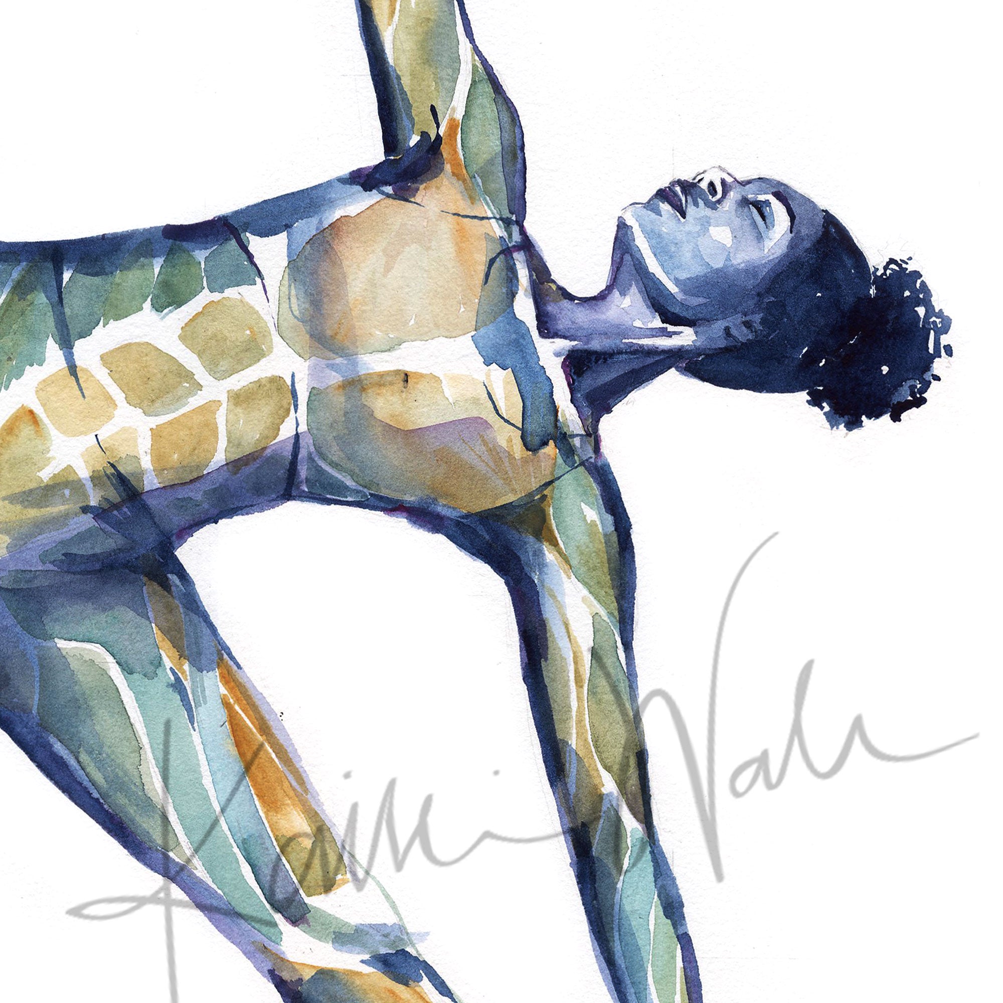 Zoomed in view of a watercolor painting of a woman doing a triangle yoga pose with her muscular system showing beneath her skin.