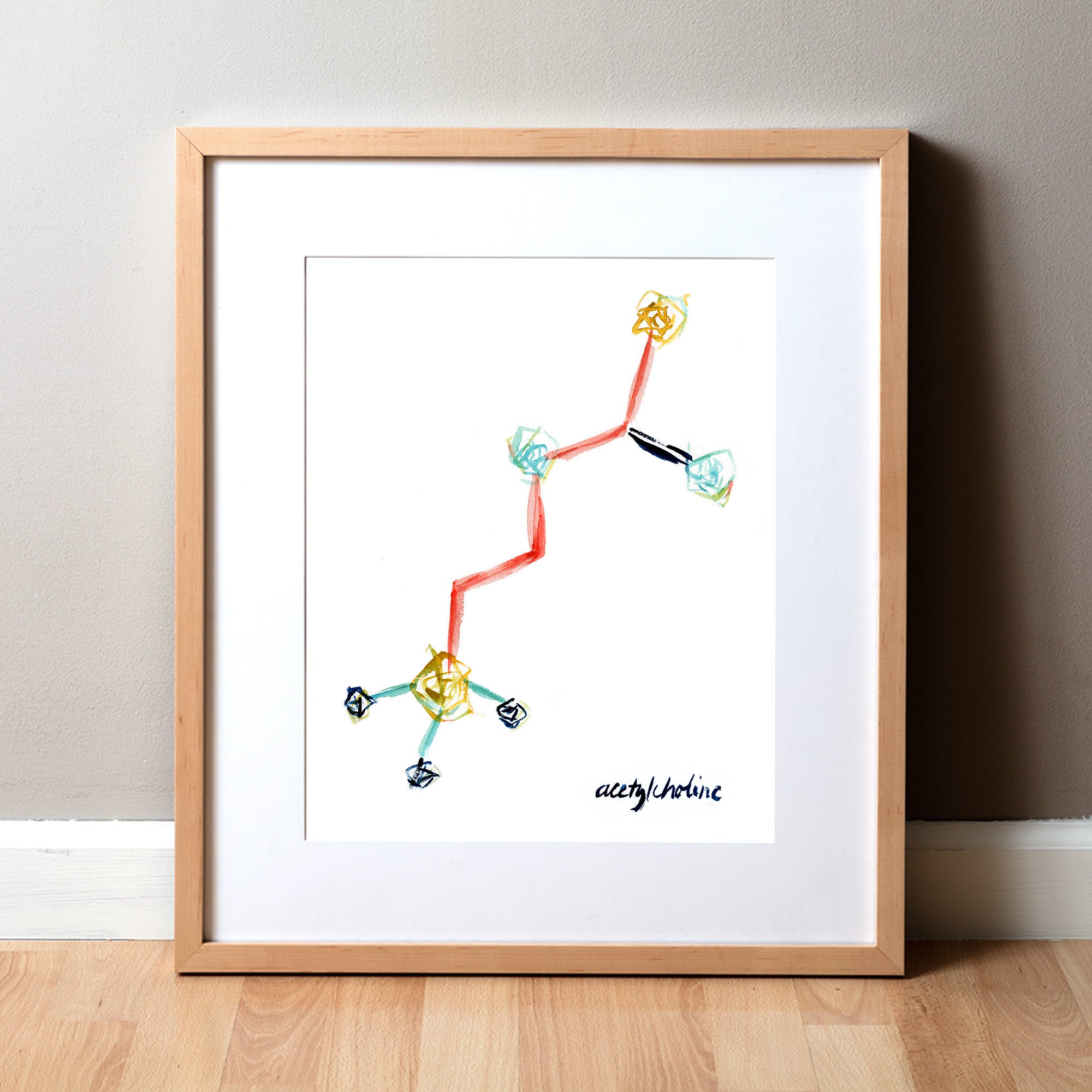 Framed watercolor painting of the acetylcholine structure in blues, yellow and reds.