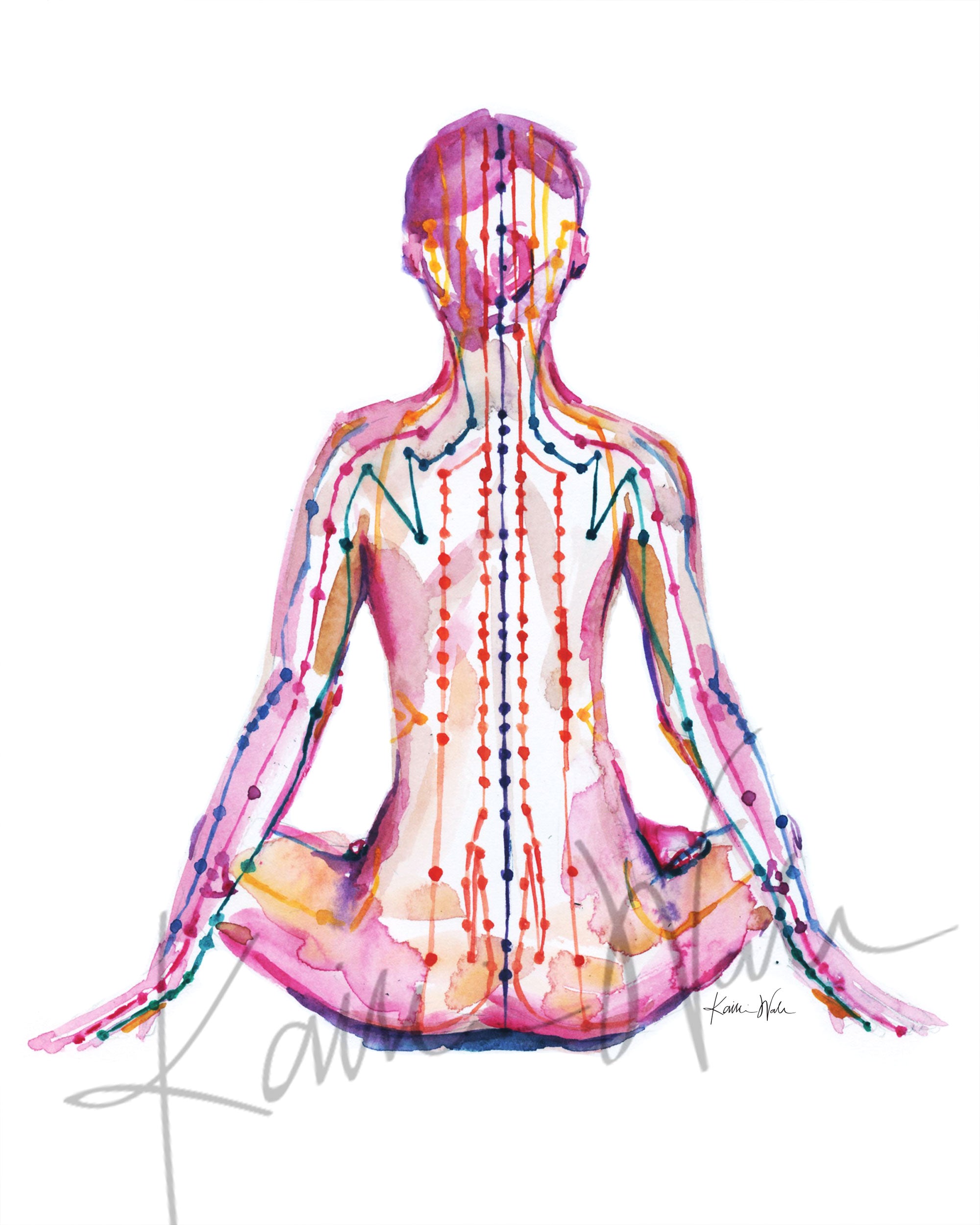 Unframed watercolor painting of a person sitting in a meditative pose with meridian paths showing.