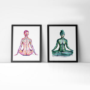 Framed watercolor print set of meridians of the body on a person in a meditative pose.