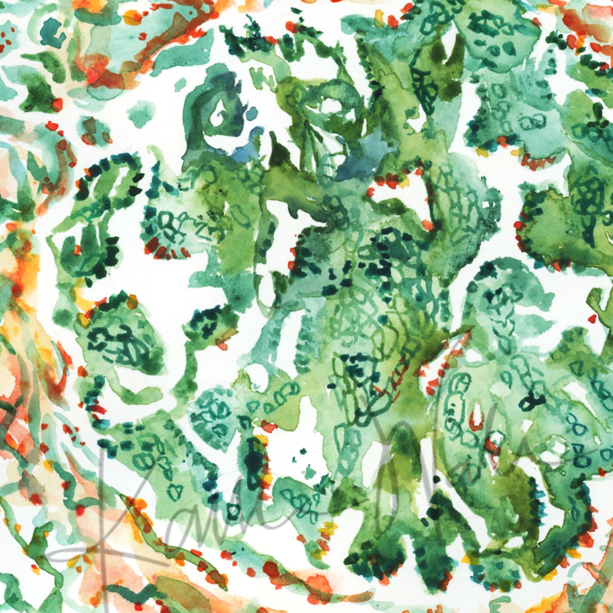 Zoomed in view of a watercolor painting of adenocarcinoma, with greens, reds, and yellows.