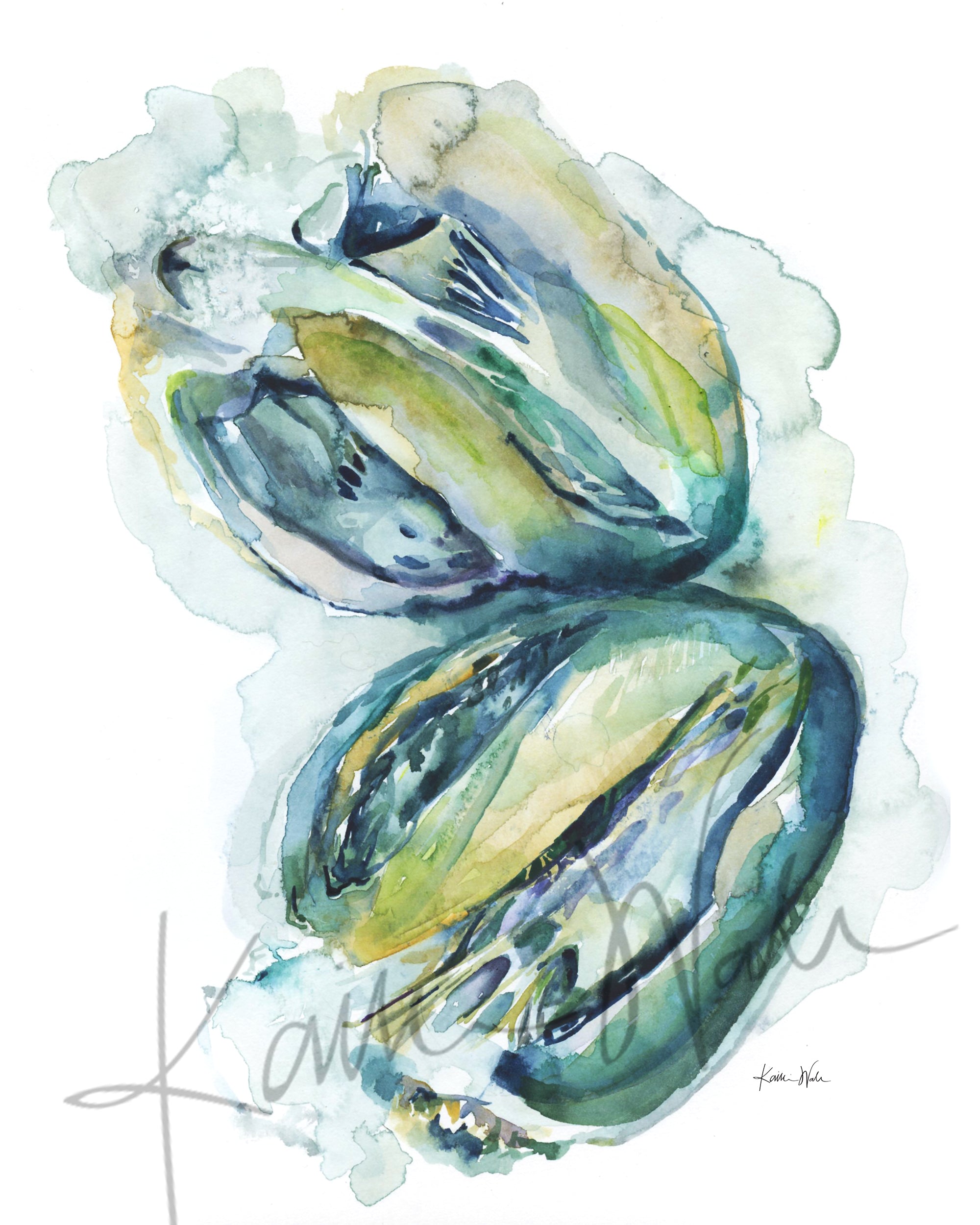 Unframed watercolor painting of a heart dissection in greens blues and yellows.