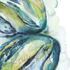 Zoomed in view of a watercolor painting of a heart dissection in greens blues and yellows.