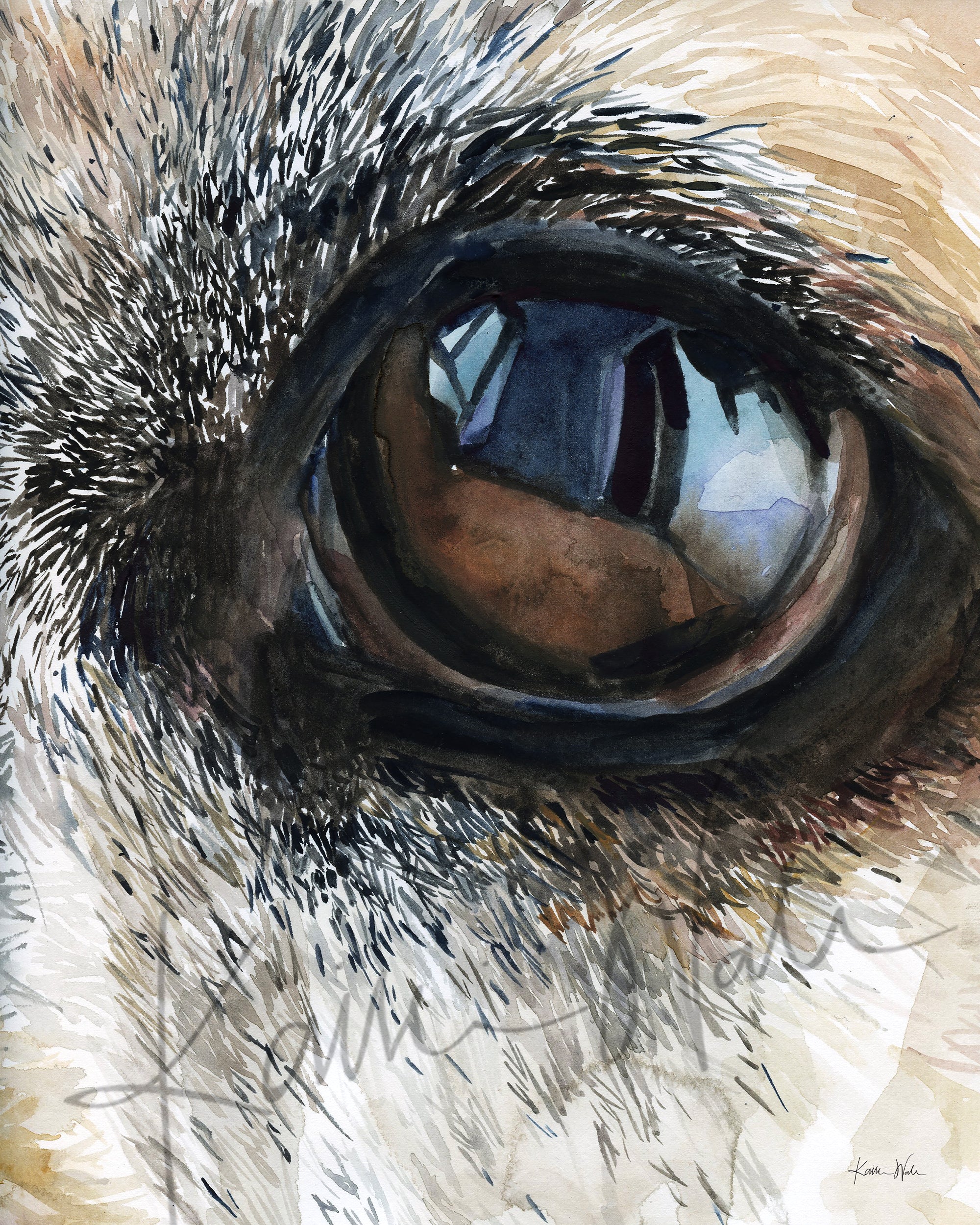 Unframed watercolor painting of a zoomed in perspective of a dog’s eye. The painting is in blacks, tans, and browns.