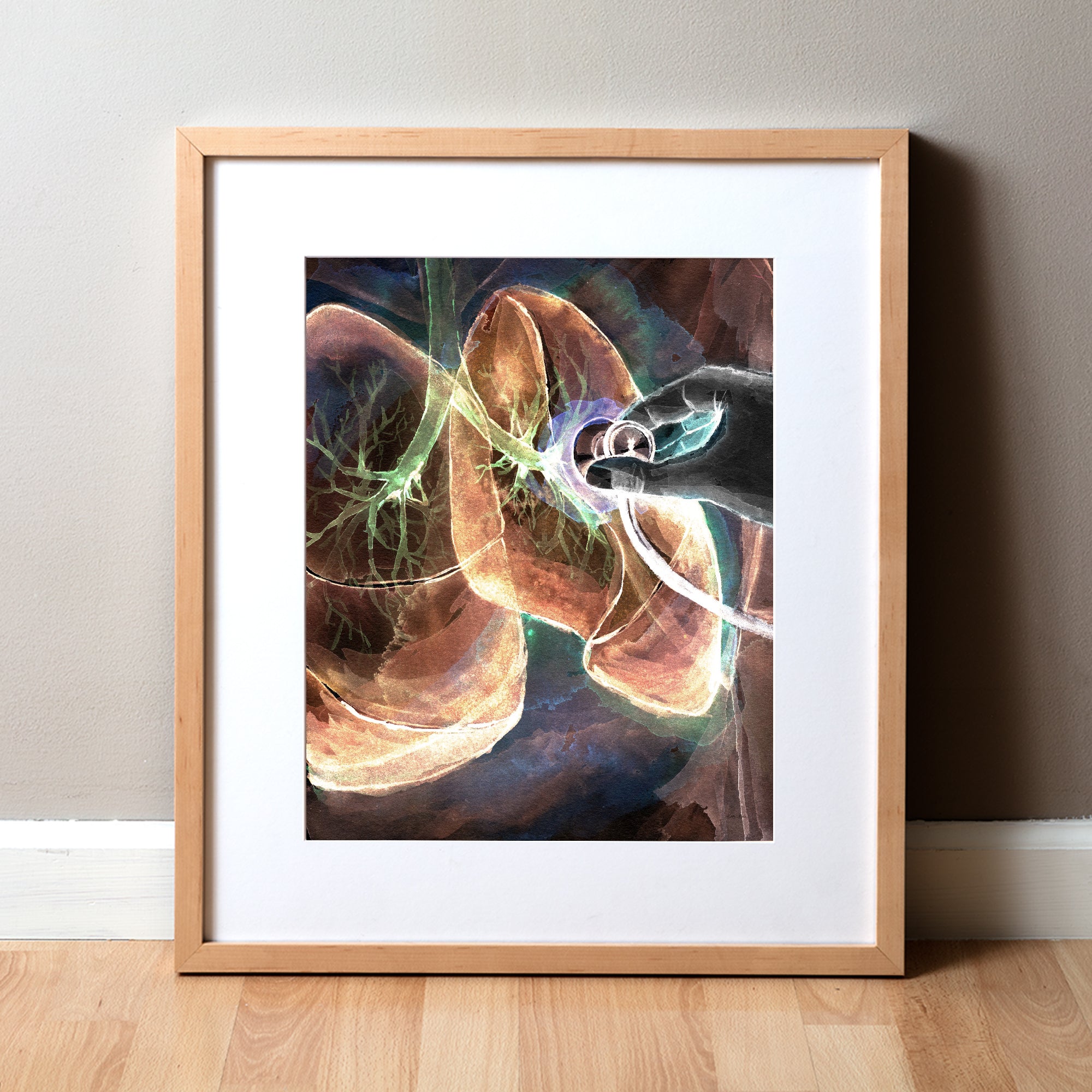 Framed watercolor painting of lung auscultation in orange, black, green, and purple.