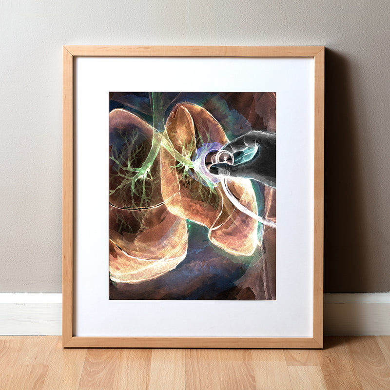 Framed watercolor painting of lung auscultation in orange, black, green, and purple.