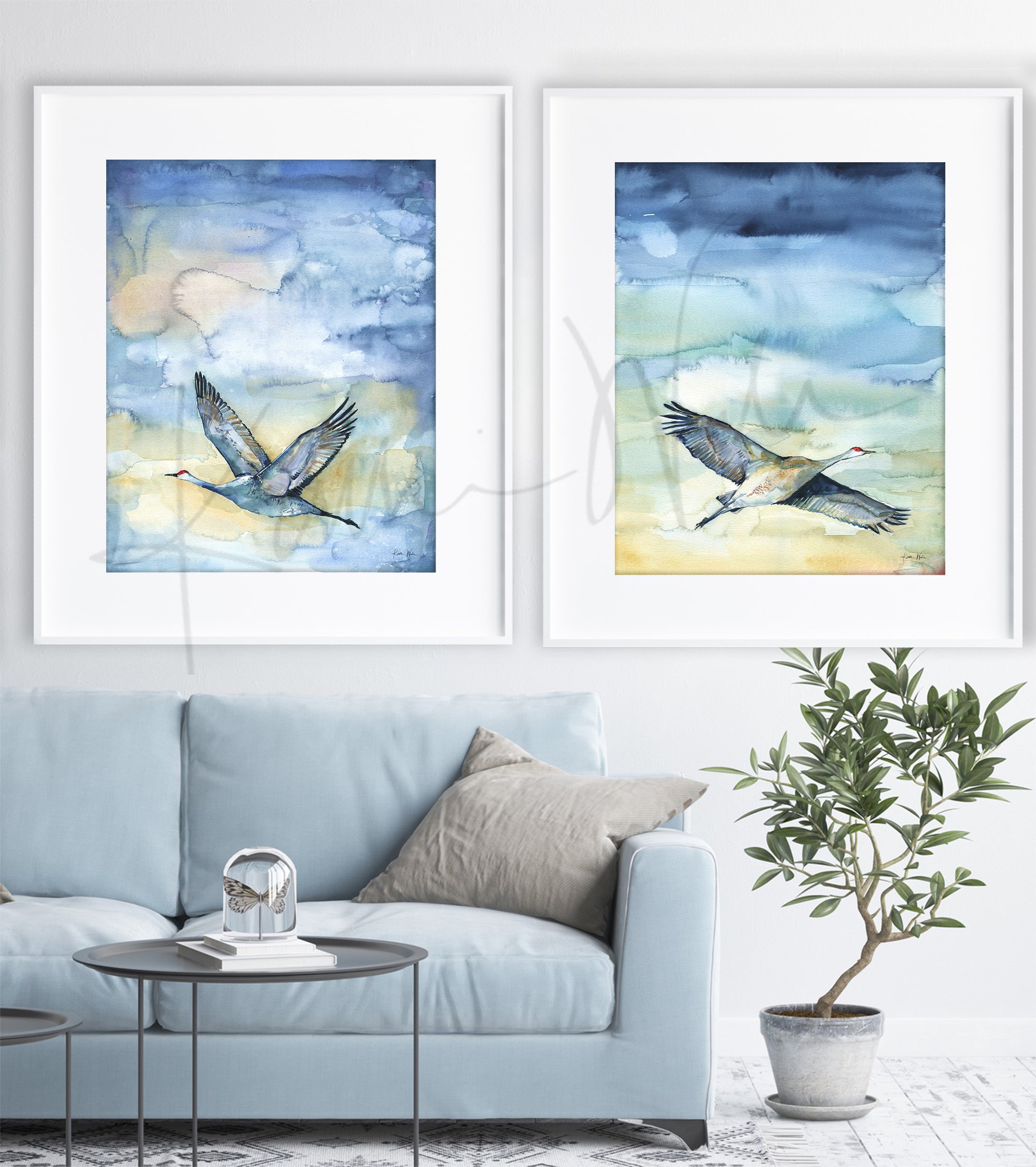 Framed watercolor painting set of flying cranes. The paintings are hanging over a blue couch.