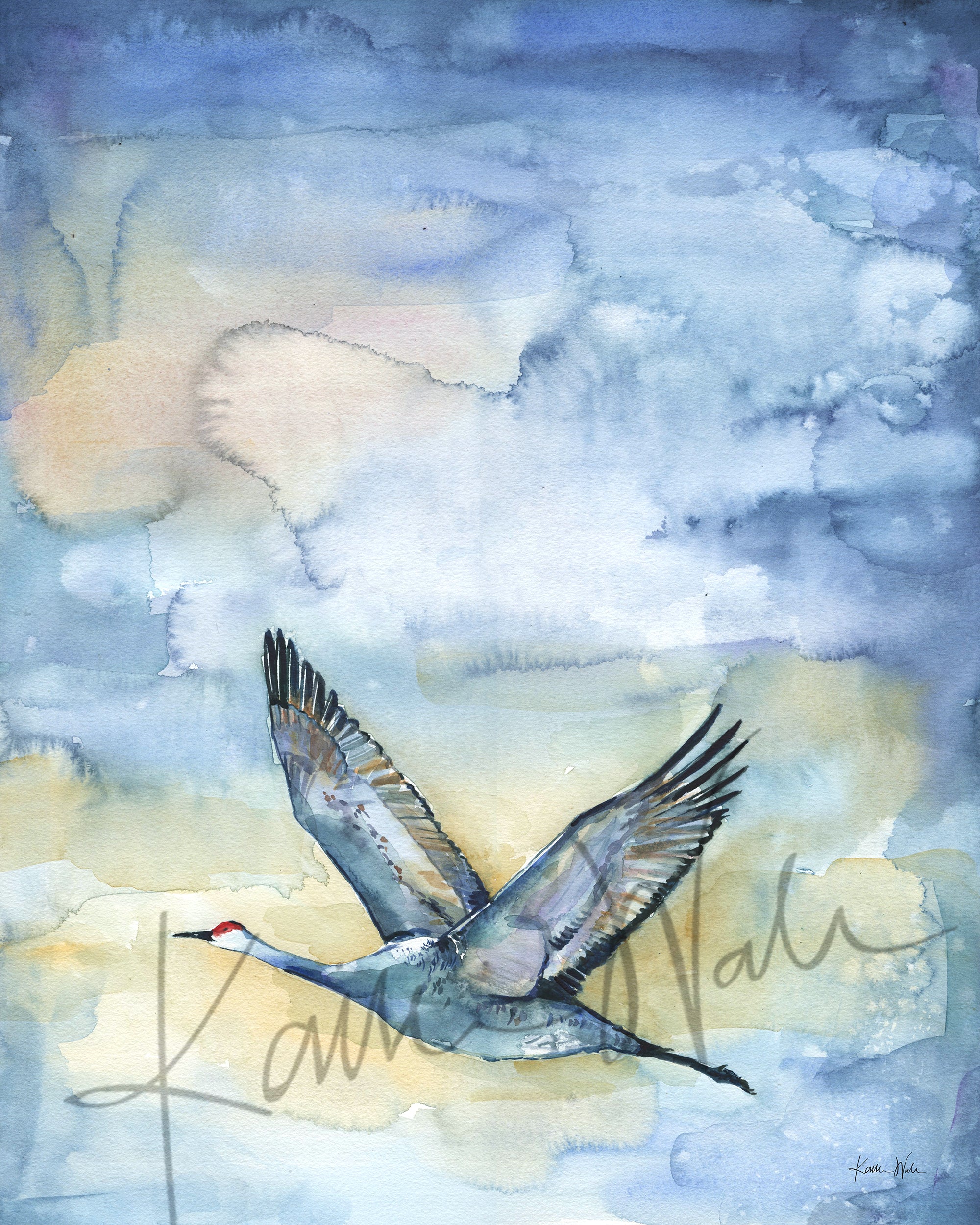Unframed watercolor painting of a flying crane.