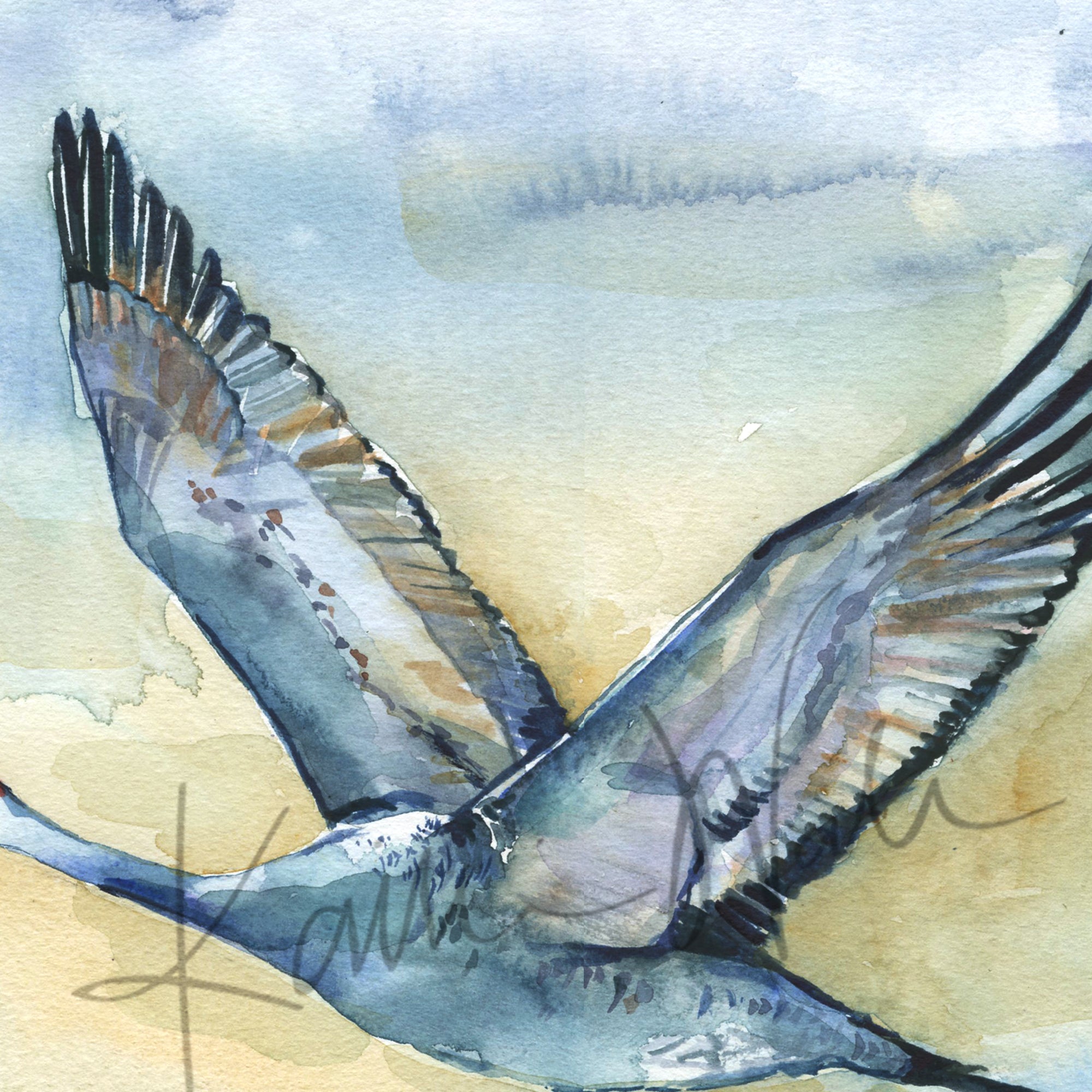 Zoomed in view of a watercolor painting of a flying crane.