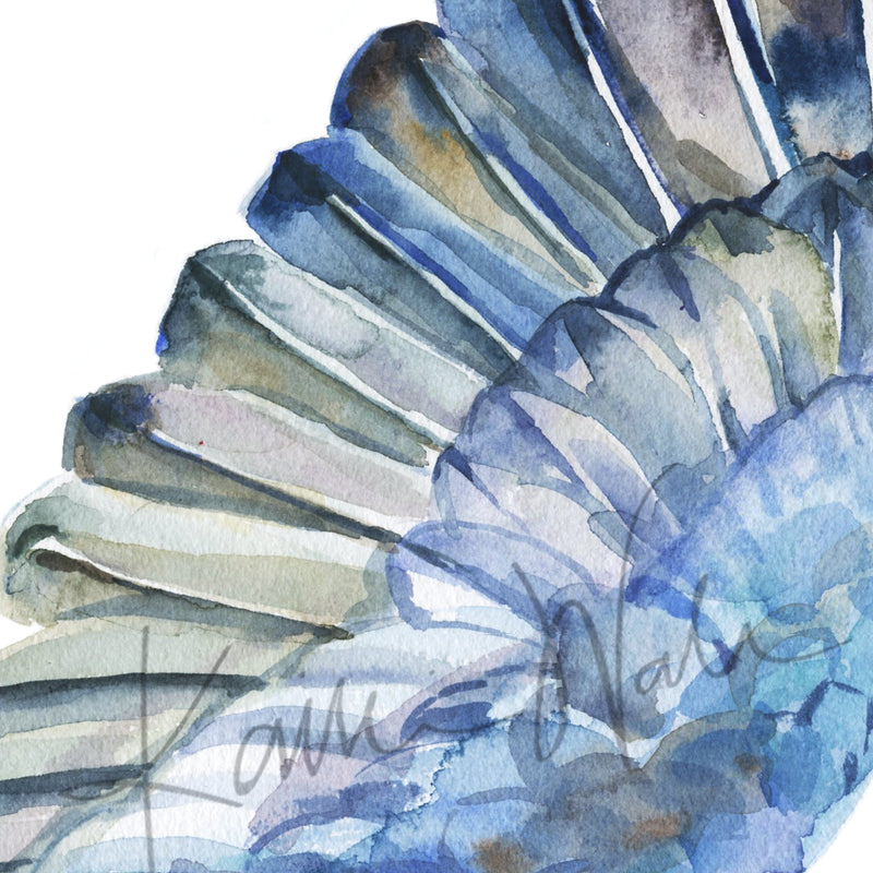 Zoomed in view of a watercolor of a crane's wings with blue feathers.