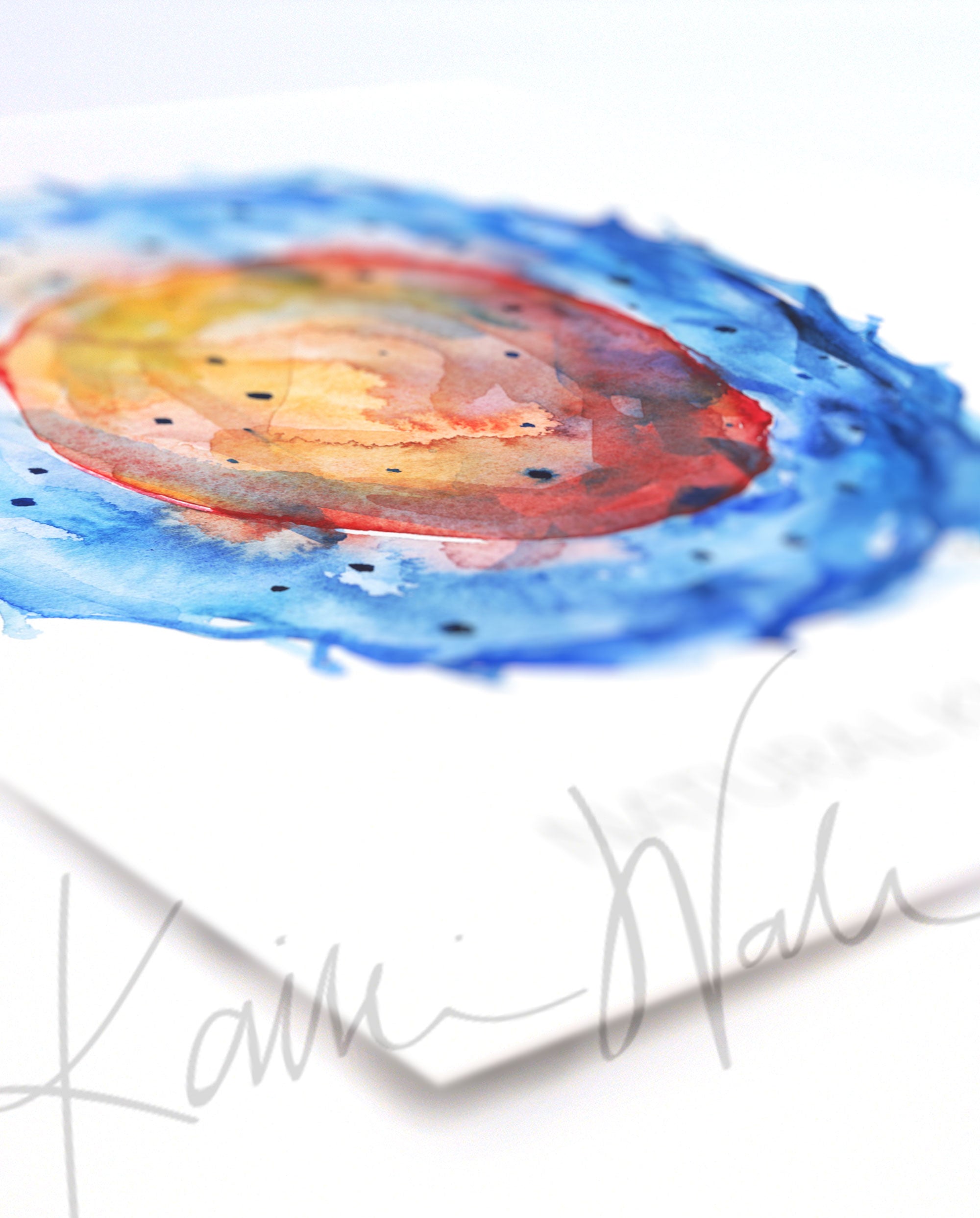 Angled view of a watercolor painting of a natural killer cell. 
