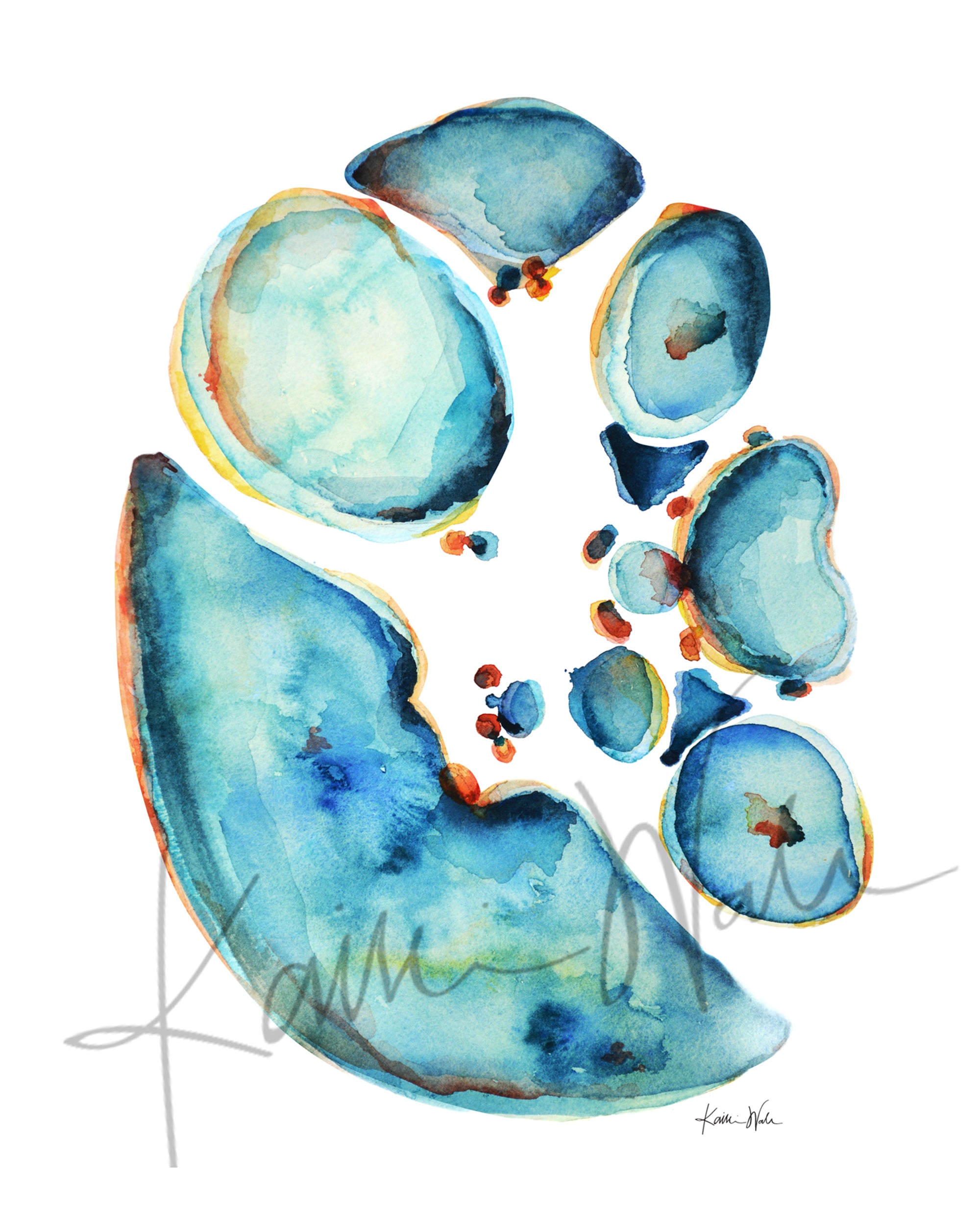 Unframed watercolor painting showing a cross section of an abdomen in blues and teals with pops of orange and yellow.