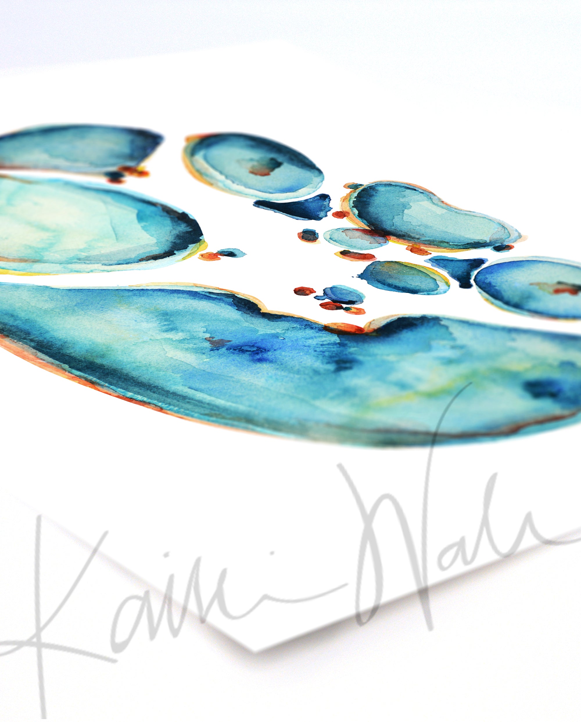 Watercolor painting showing a cross section of an abdomen in blues and teals with pops of orange and yellow. The painting is at an angle.