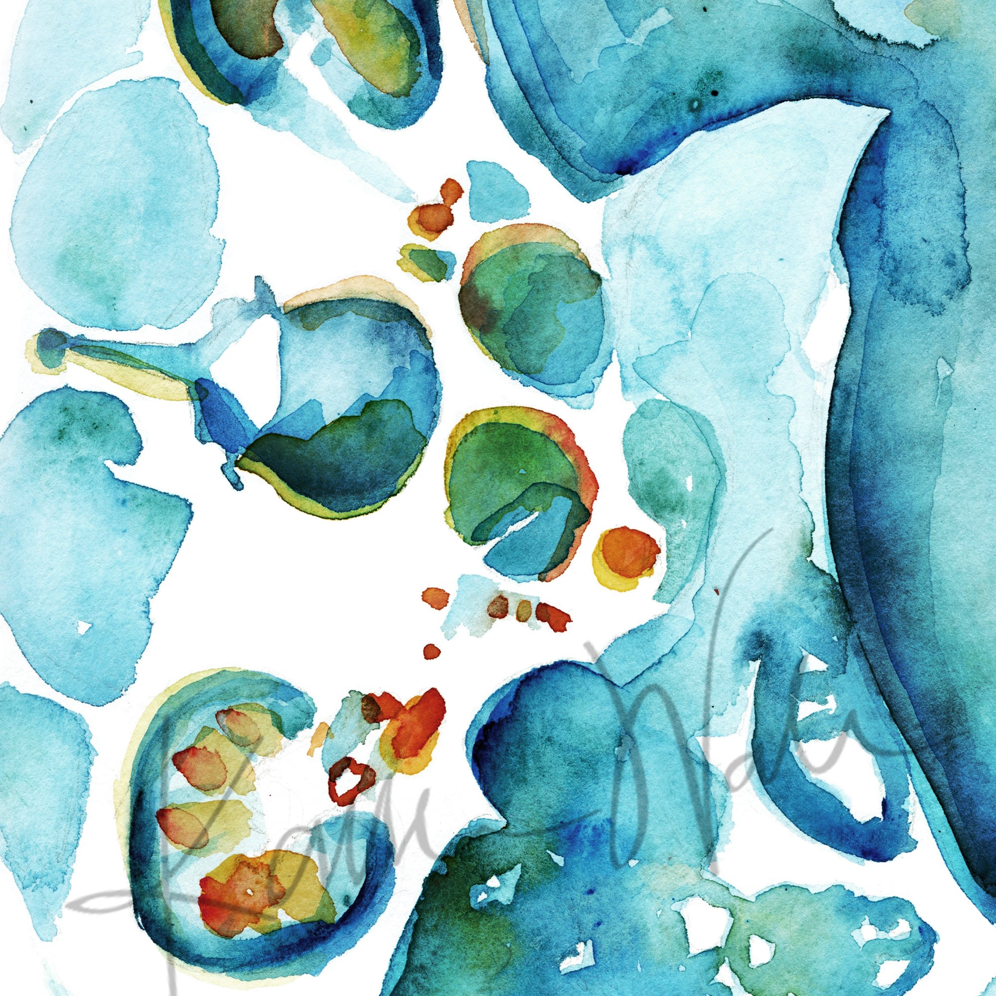 Zoomed in view of a watercolor painting showing the cross section of an abdomen in blues, teals, oranges, and greens.