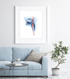 Framed watercolor painting showing a swallowing mechanism with mouth, throat and tongue in prints and blues. The painting is hanging over a blue couch. 