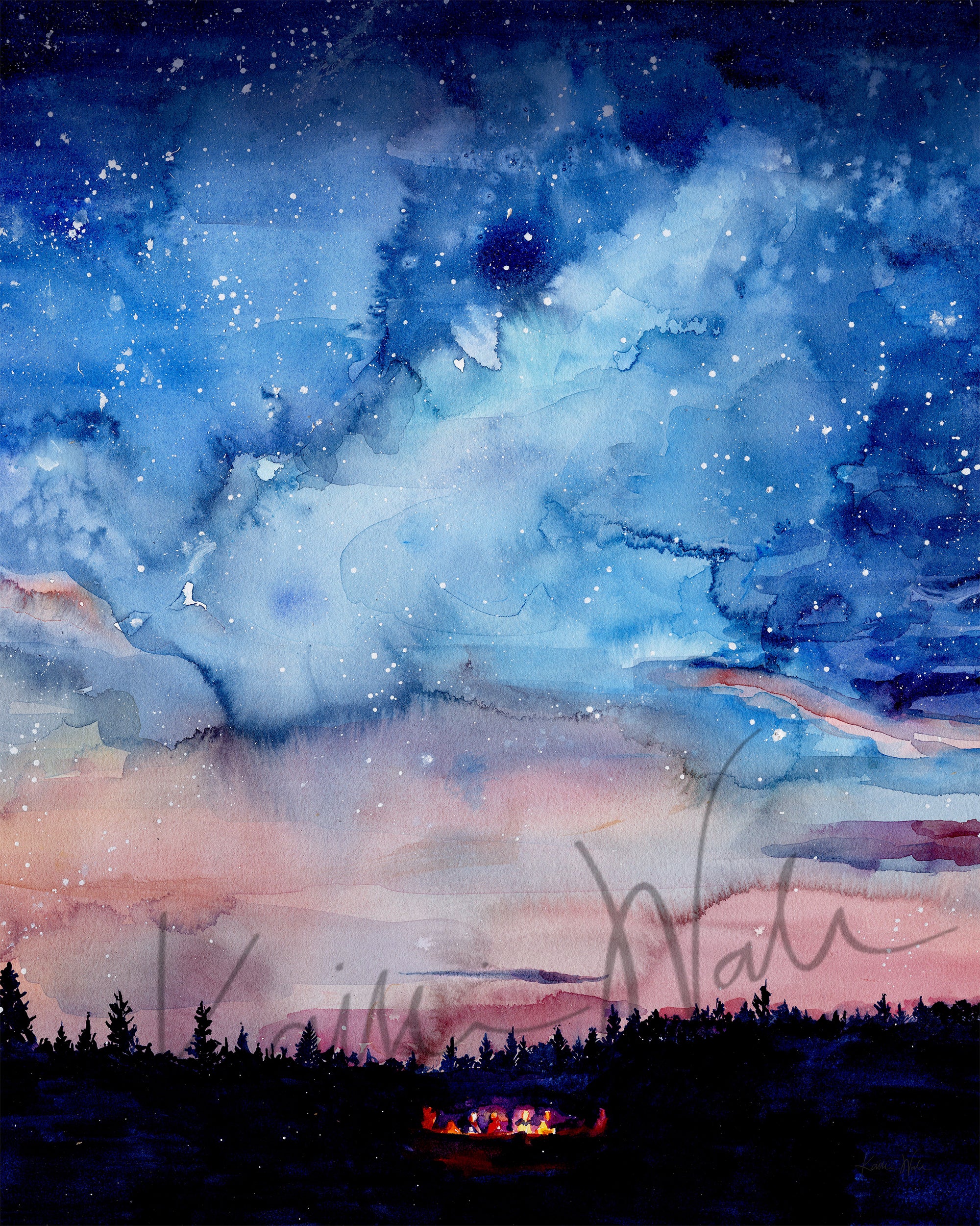 Unframed watercolor painting of a bonfire, night sky, and silhouetted trees.