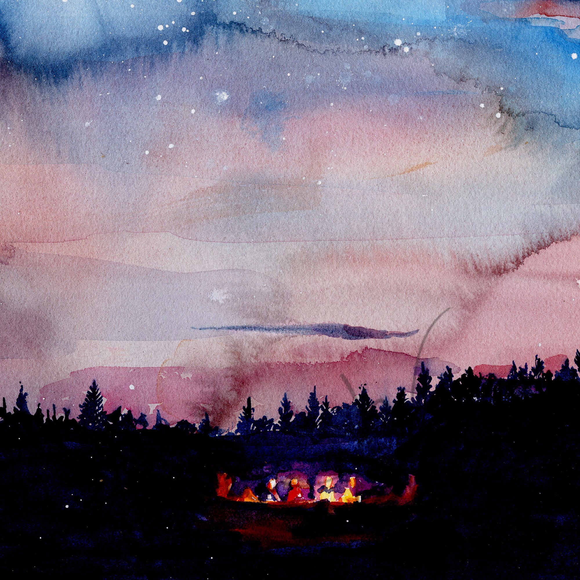 Zoomed in view of a watercolor painting of a bonfire, night sky, and silhouetted trees.