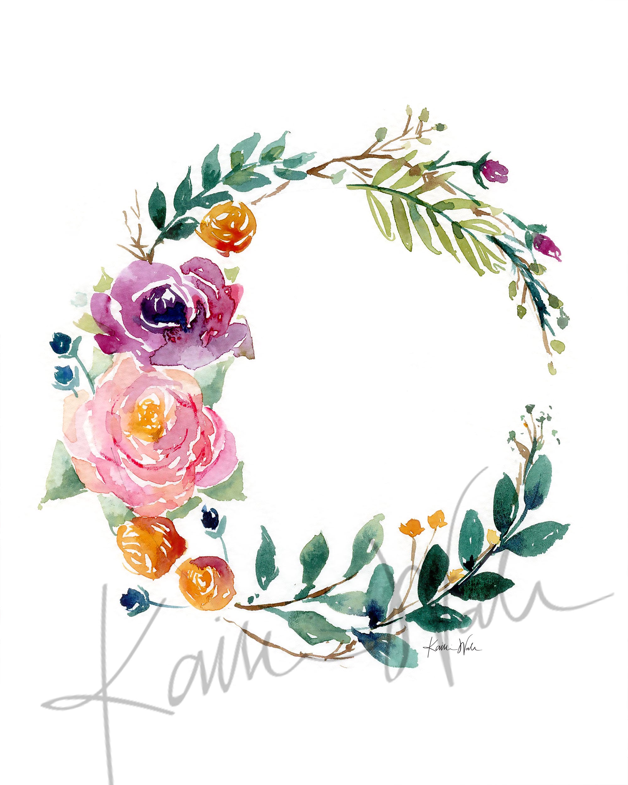 Unframed watercolor painting of a flower wreath.