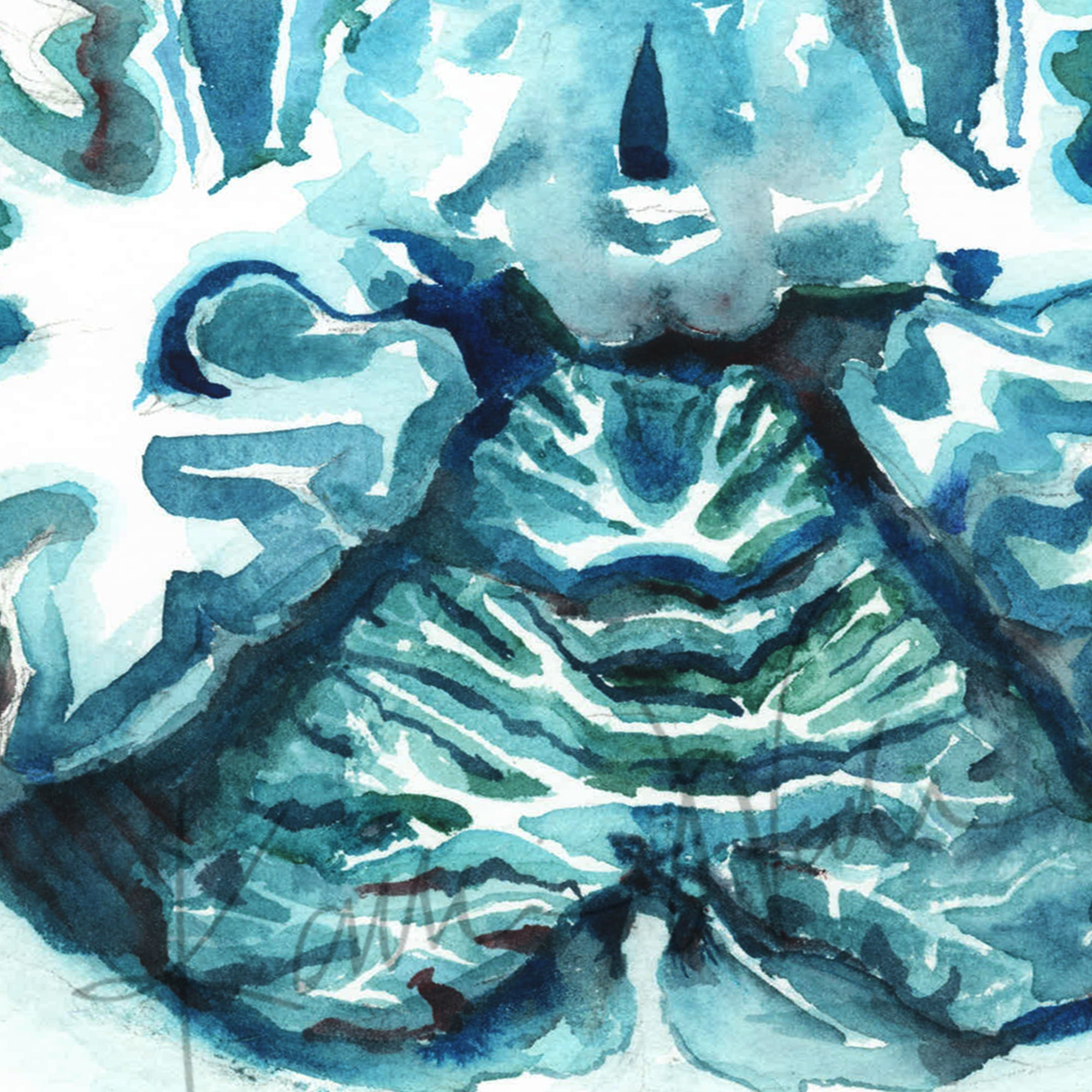 Zoomed in view of a watercolor painting showing a teal and blue transverse cut of the brain.