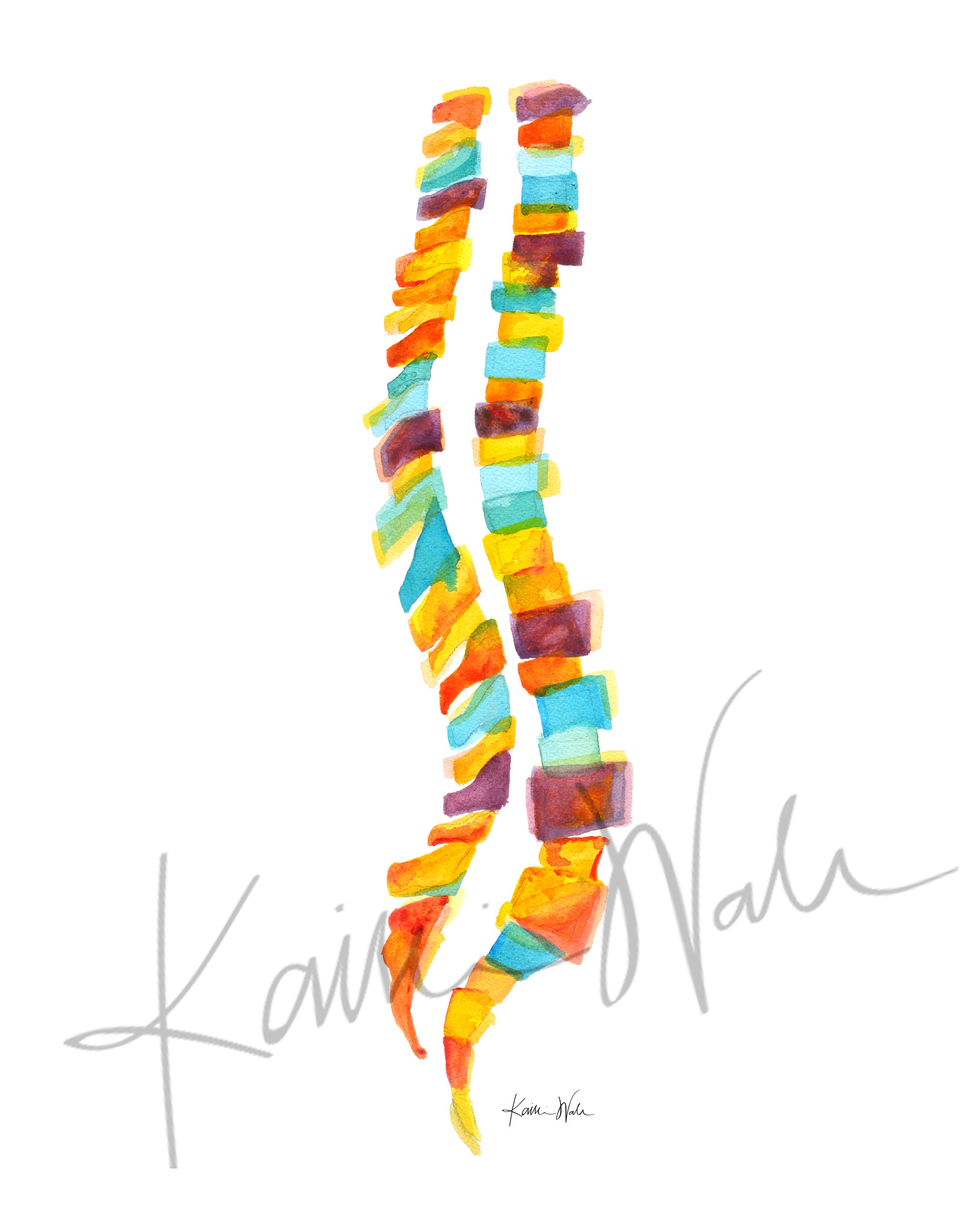Unframed watercolor painting of a spinal columns in yellow, orange, burgundy and teal.