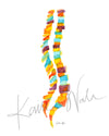 Unframed watercolor painting of a spinal columns in yellow, orange, burgundy and teal.