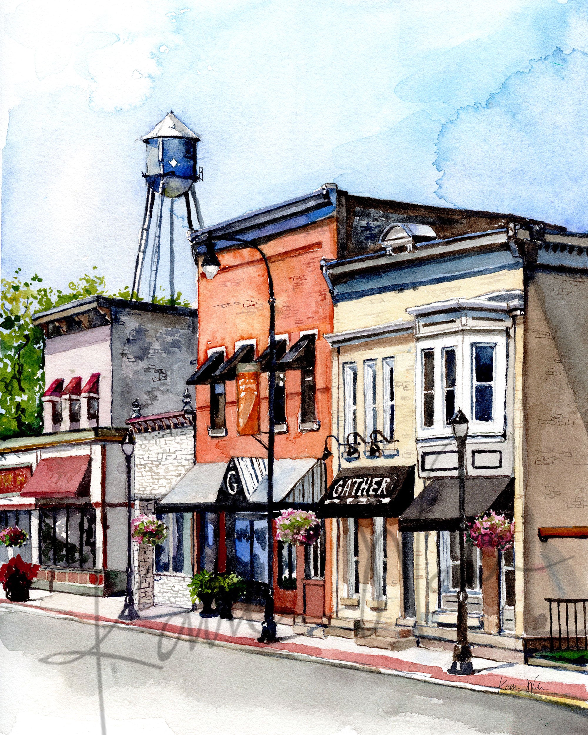 Unframed watercolor painting of buildings on Main Street in Waunakee, Wisconsin.