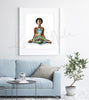 Framed watercolor painting of a black woman in a seated yoga pose with her eyes closed. The painting is hanging over a blue couch.