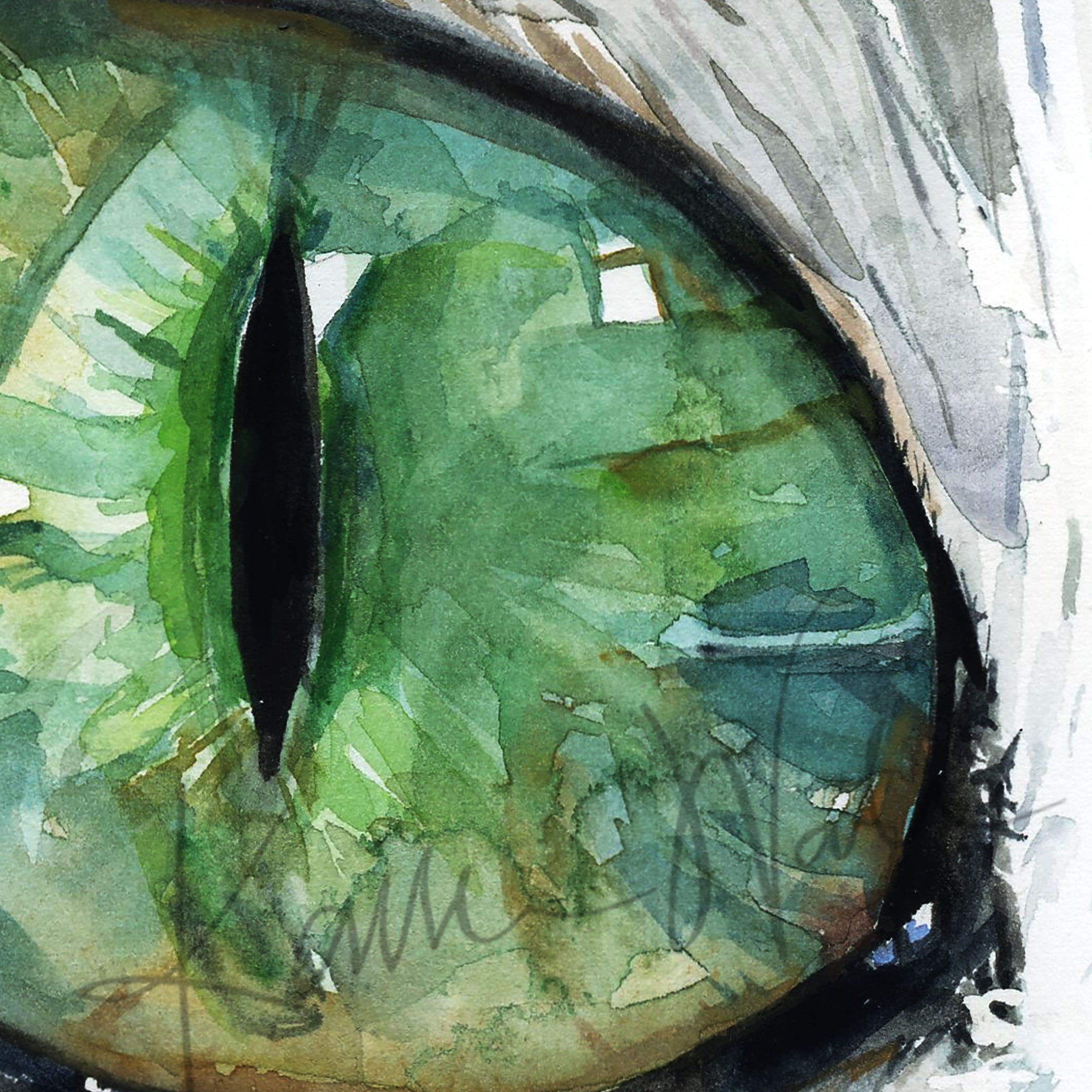 Zoomed in view of a watercolor painting of a zoomed in perspective of a green cat's eye.