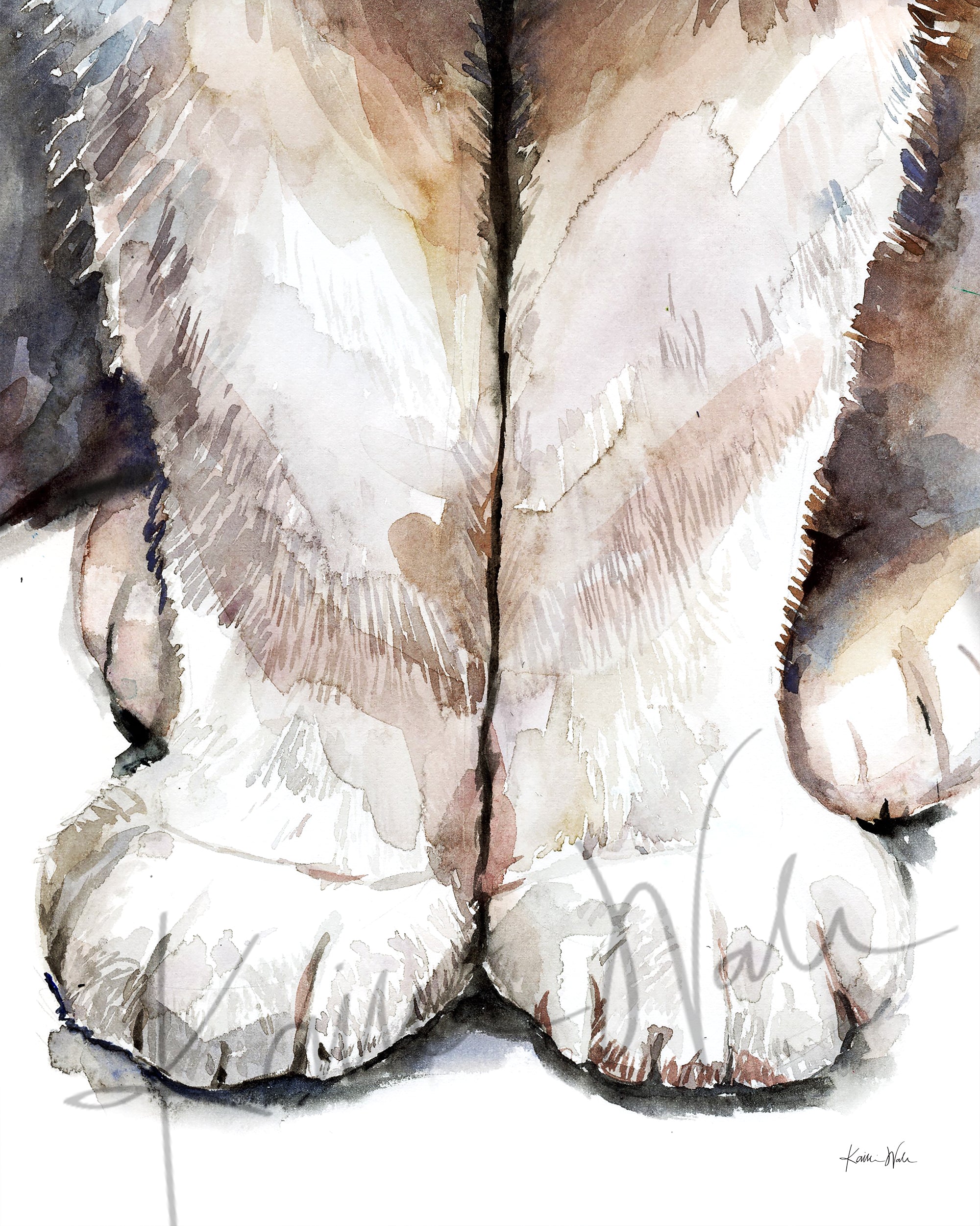 Unframed watercolor painting of a zoomed in perspective of a cat paws. The cat is gray, tan, and white.