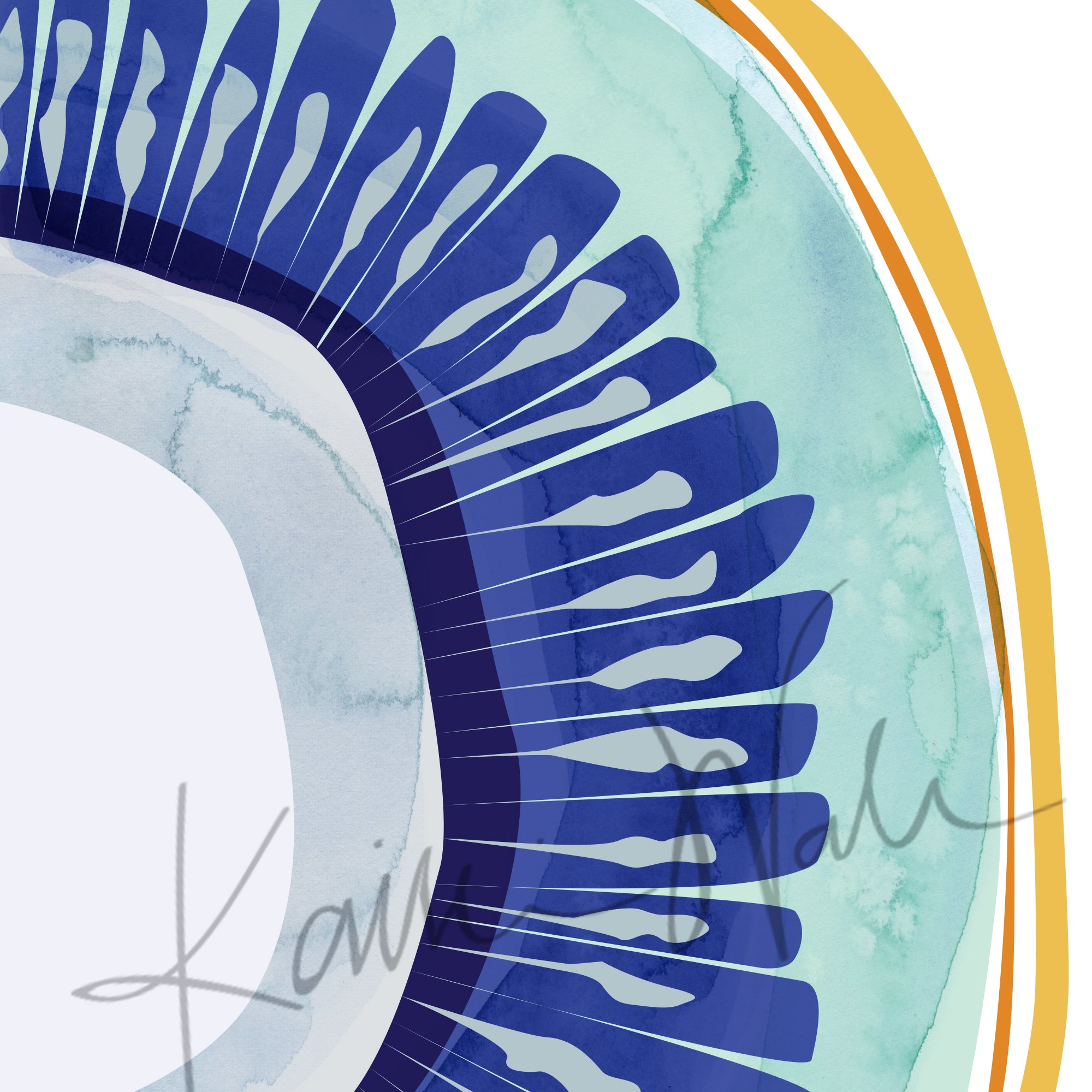 Zoomed in view of a contemporary poster design of the ciliary body in teal, royal blue, orange, and yellow.