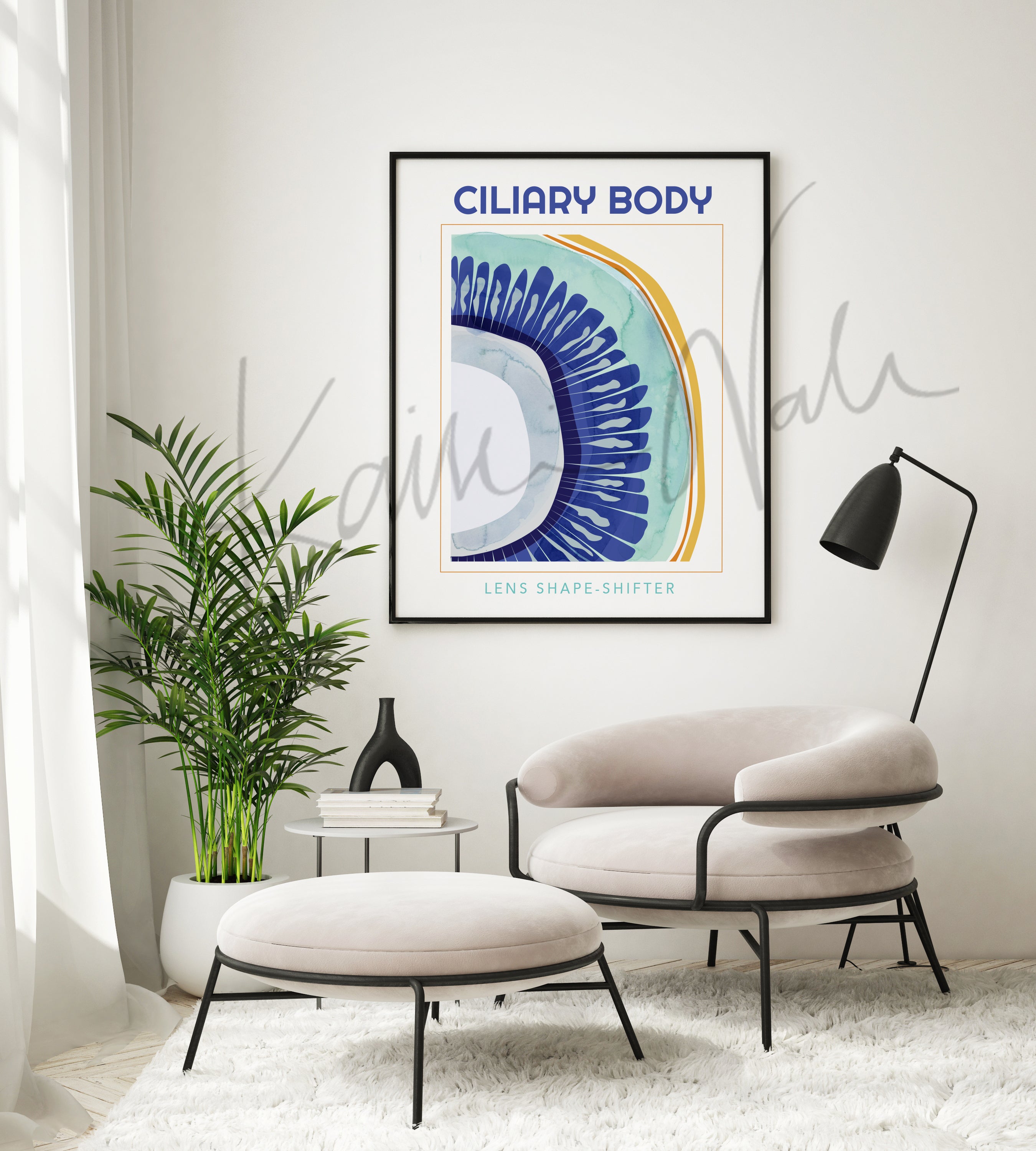 Framed contemporary poster design of the ciliary body in teal, royal blue, orange, and yellow. The painting is hanging over beige chair and footstool, plant, and black floor lamp.