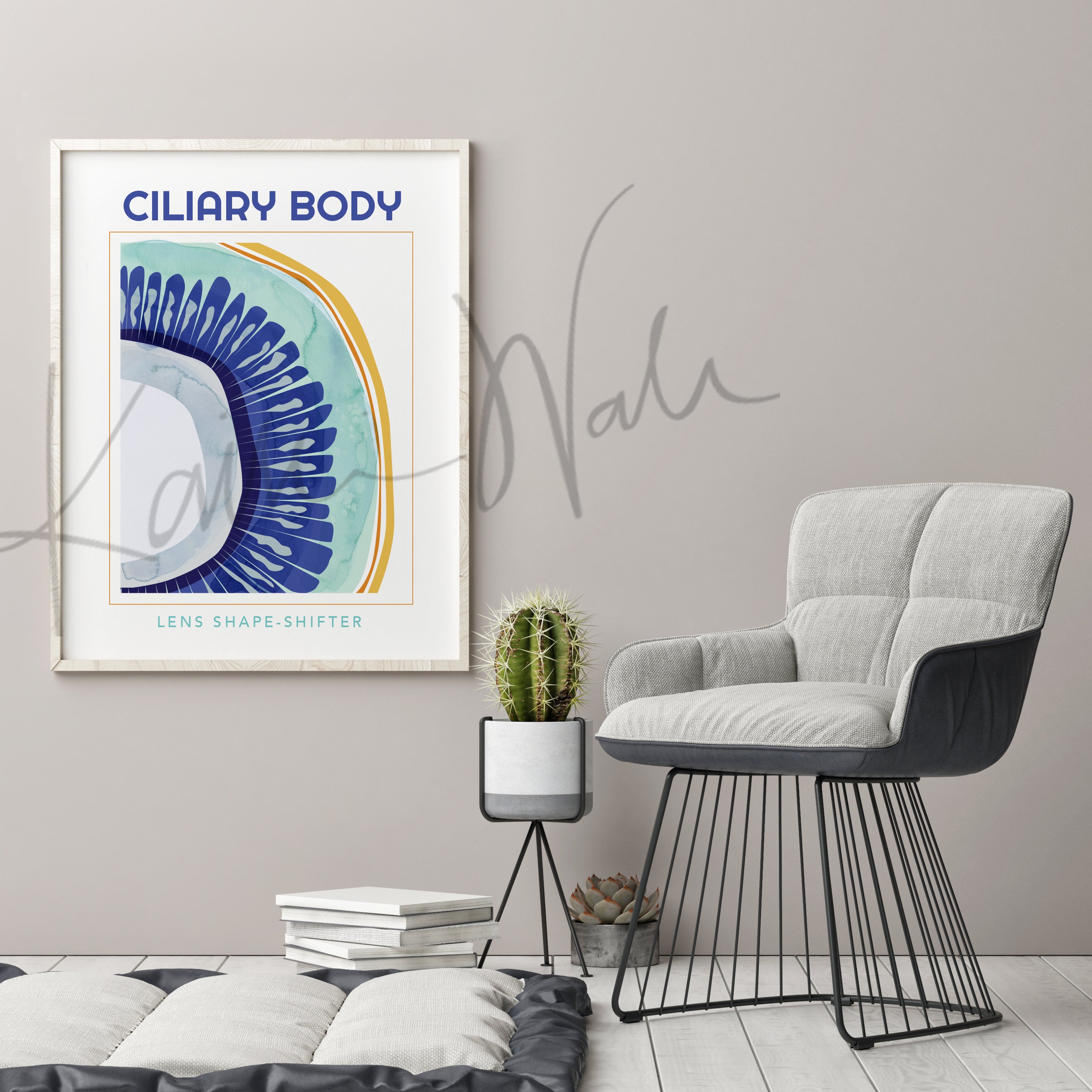 Framed contemporary poster design of the ciliary body in teal, royal blue, orange, and yellow.  The painting is hanging on a gray wall over a gray chair and a cactus.