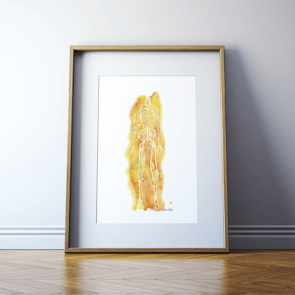 Watercolor abstract anatomy art print of the Nervous system of the body in yellow- Anatomy Art- Nervous system