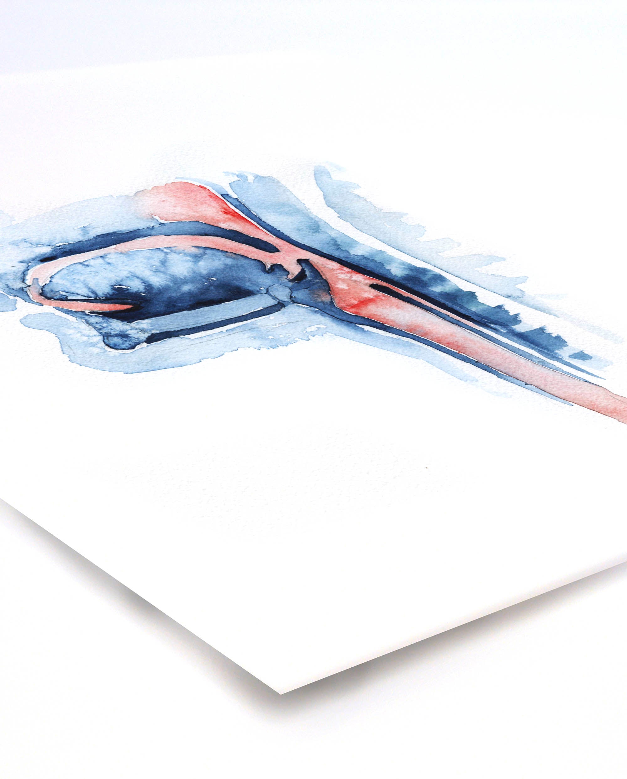 Unframed watercolor painting showing a swallowing mechanism with mouth, throat and tongue in prints and blues. The painting is at an angle to see the details of the painting and texture of the paper.