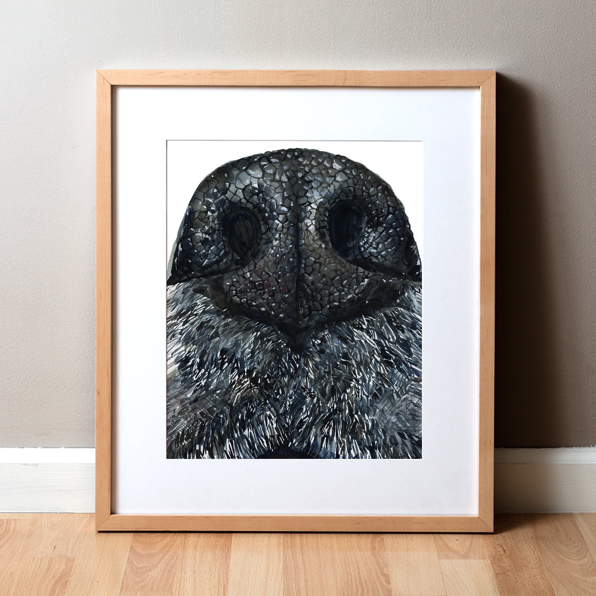 Framed watercolor painting of a zoomed in perspective of a dog’s nose. The painting is in black and white.