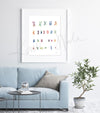 Framed watercolor painting of the karyotype of someone with Down Syndrome. The painting is hanging over a blue couch.