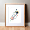 Framed watercolor painting of the testosterone hormone molecular structure.
