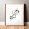 Framed watercolor painting of the estrogen hormone structure.