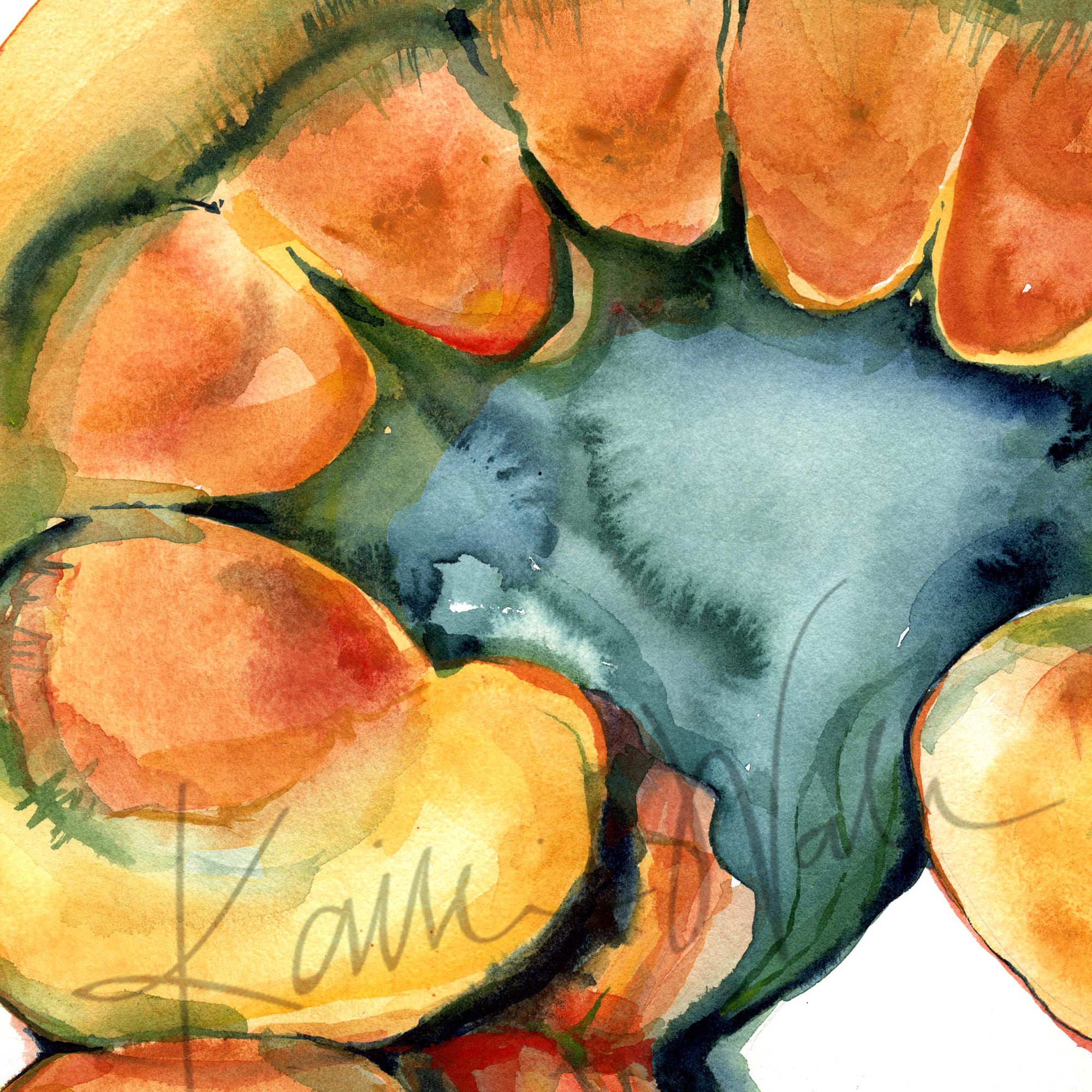 Zoomed in view of a watercolor painting of a kidney dissection in yellows, oranges, and teals.