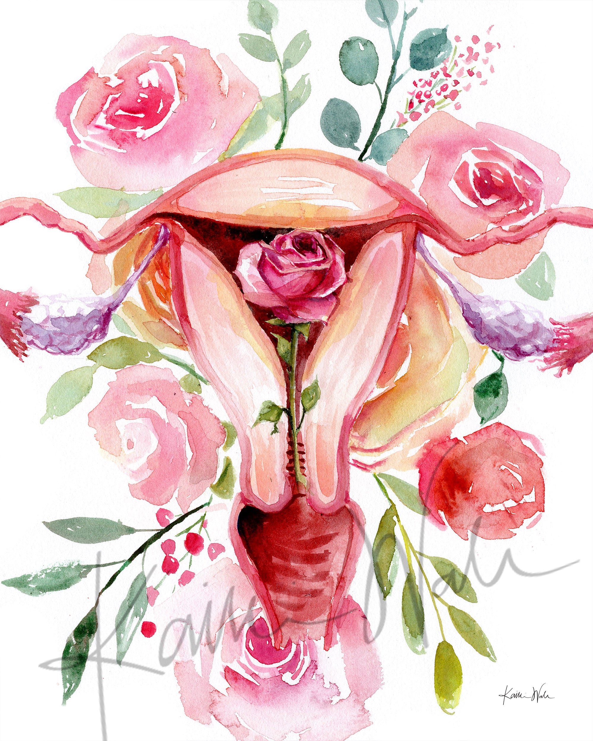 Unframed watercolor painting of a uterus with flowers around.