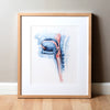 Framed watercolor painting showing a swallowing mechanism with mouth, throat and tongue in prints and blues.