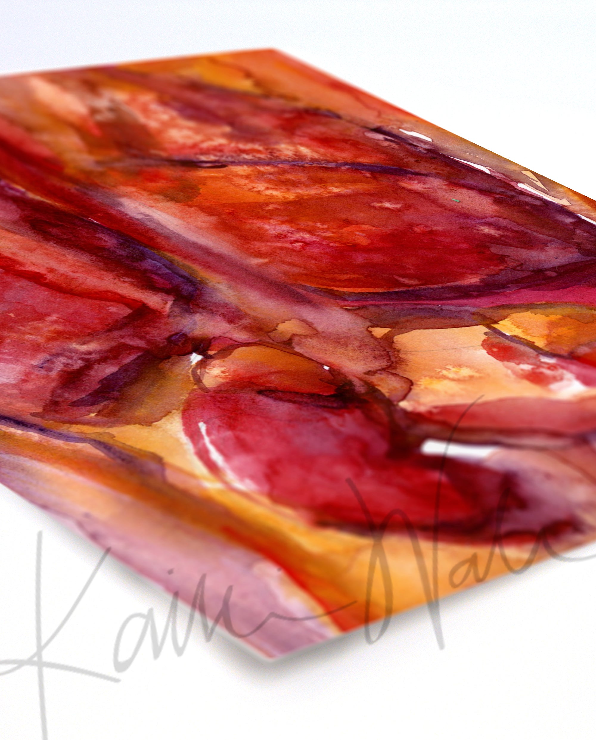 Unframed watercolor painting at an angle of the internal trunk organs in reds and oranges.