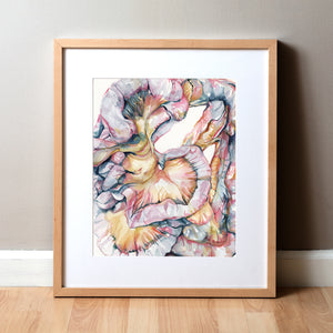 Framed watercolor painting of the intestines and mesentery folds in soft, light pastels.