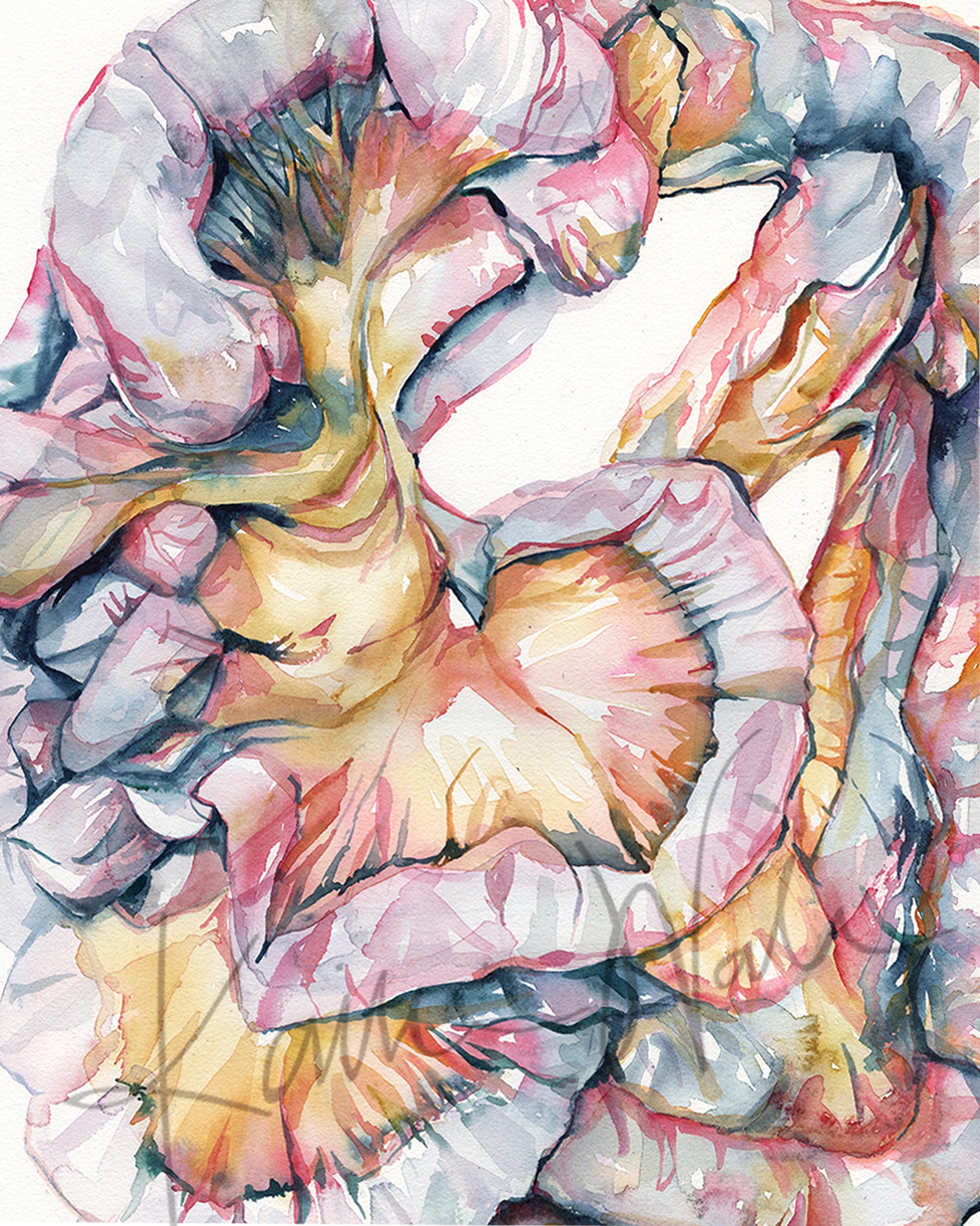 Unframed watercolor painting of the intestines and mesentery folds in soft, light pastels.