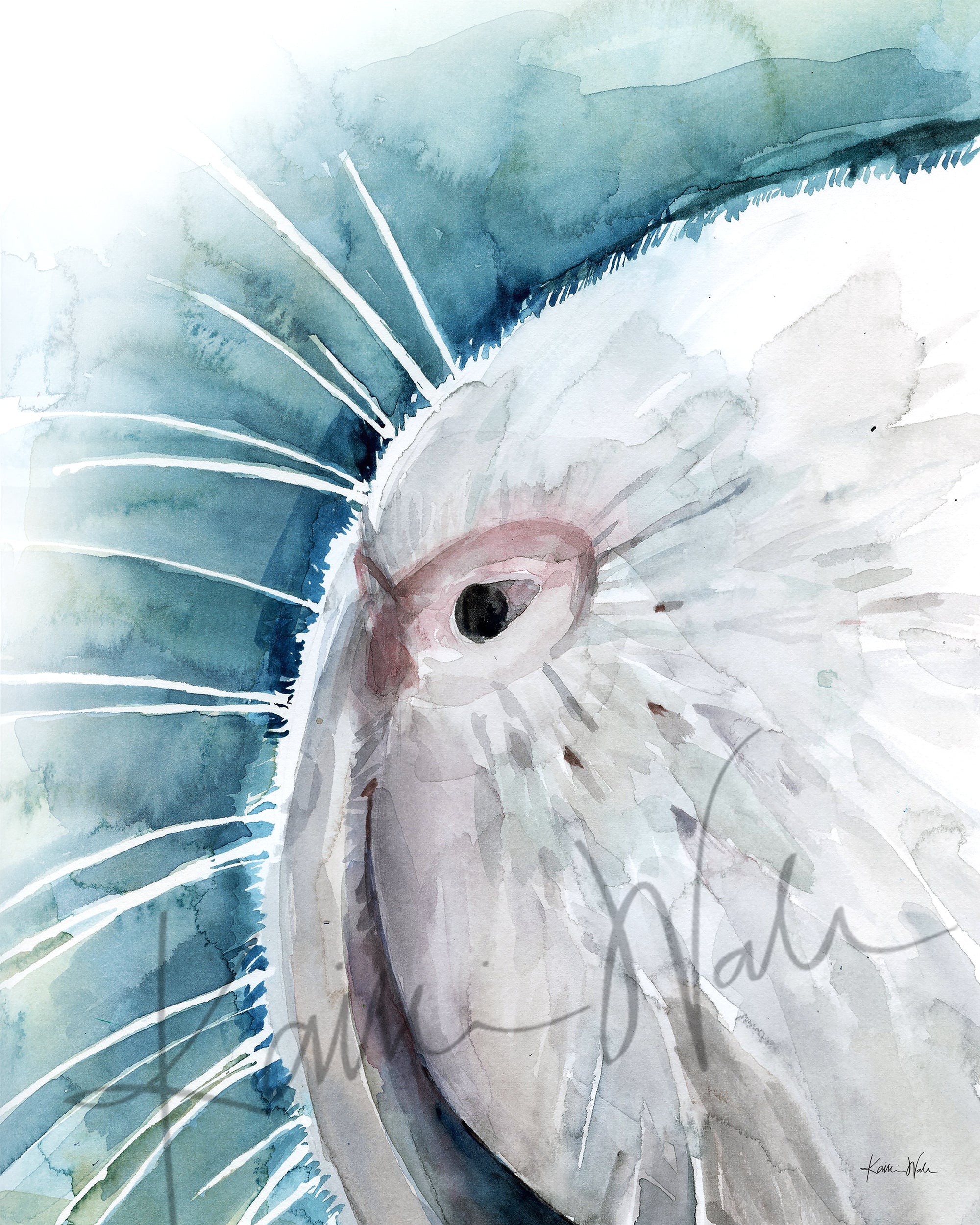 Unframed watercolor painting of a zoomed in perspective of a white guinea pig’s nose on a teal, blue, and green background.