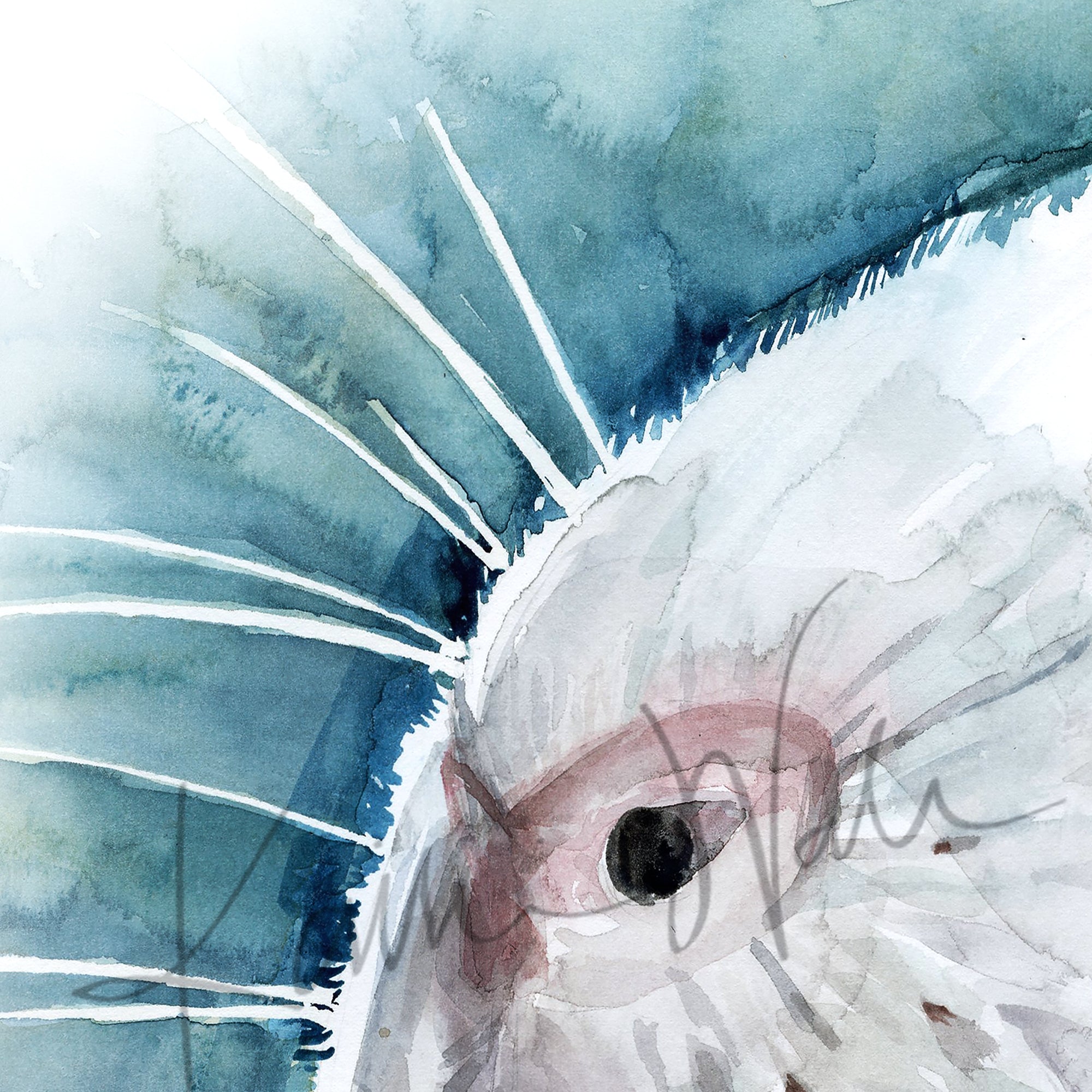 Zoomed in view of a watercolor painting of a zoomed in perspective of a white guinea pig’s nose on a teal, blue, and green background.