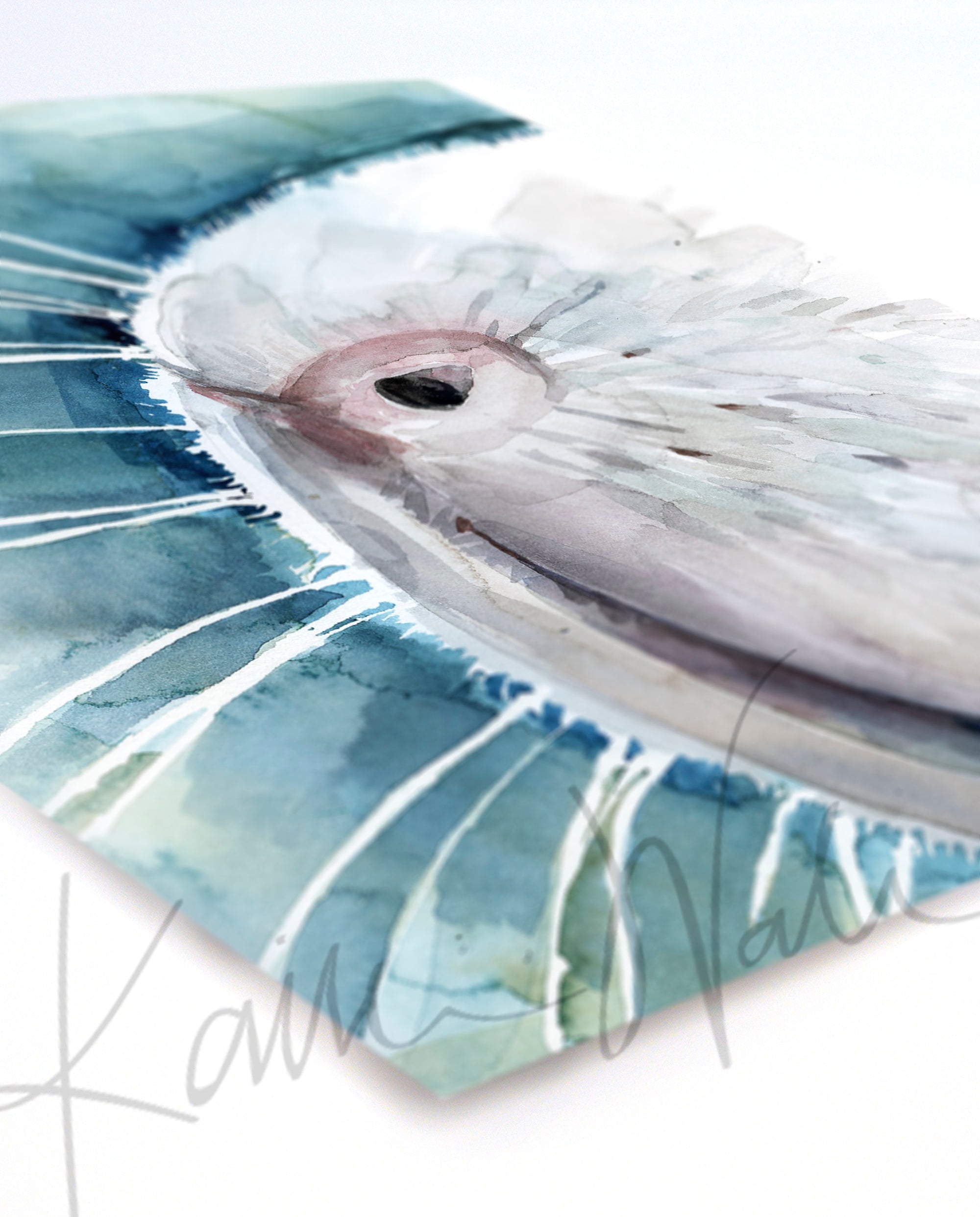 Unframed watercolor painting of a zoomed in perspective of a white guinea pig’s nose on a teal, blue, and green background. The print is at an angle.