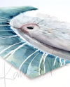 Unframed watercolor painting of a zoomed in perspective of a white guinea pig’s nose on a teal, blue, and green background. The print is at an angle.