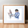 Framed watercolor painting of a finger amputation surgery.
