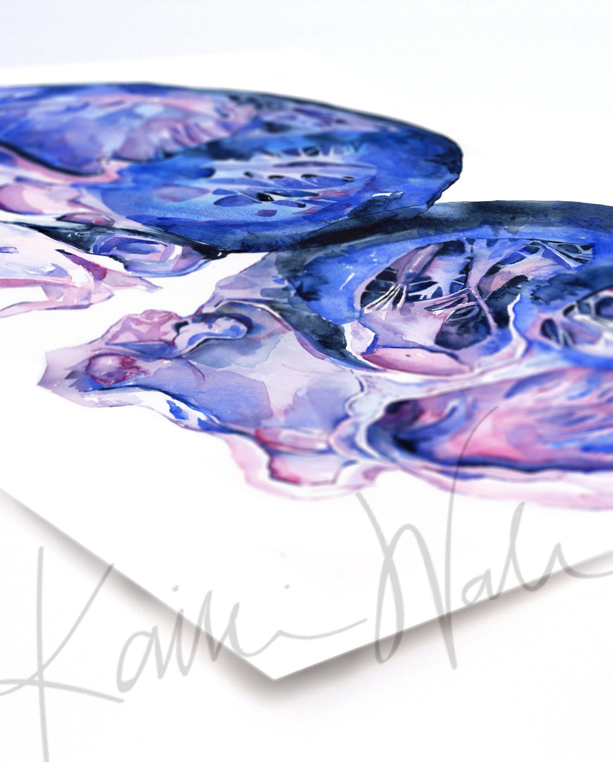Unframed watercolor painting of a heart dissection in pinks, purples, and vibrant blues. The painting is at an angle.
